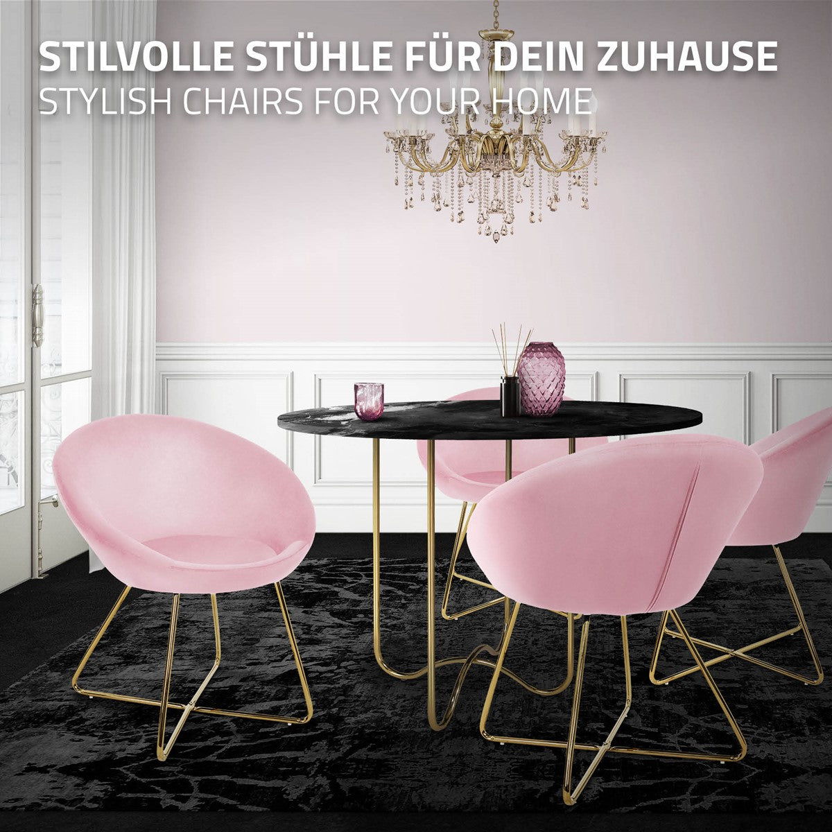 Rosa Esszimmerstühle um einen runden Tisch in einem eleganten Raum.