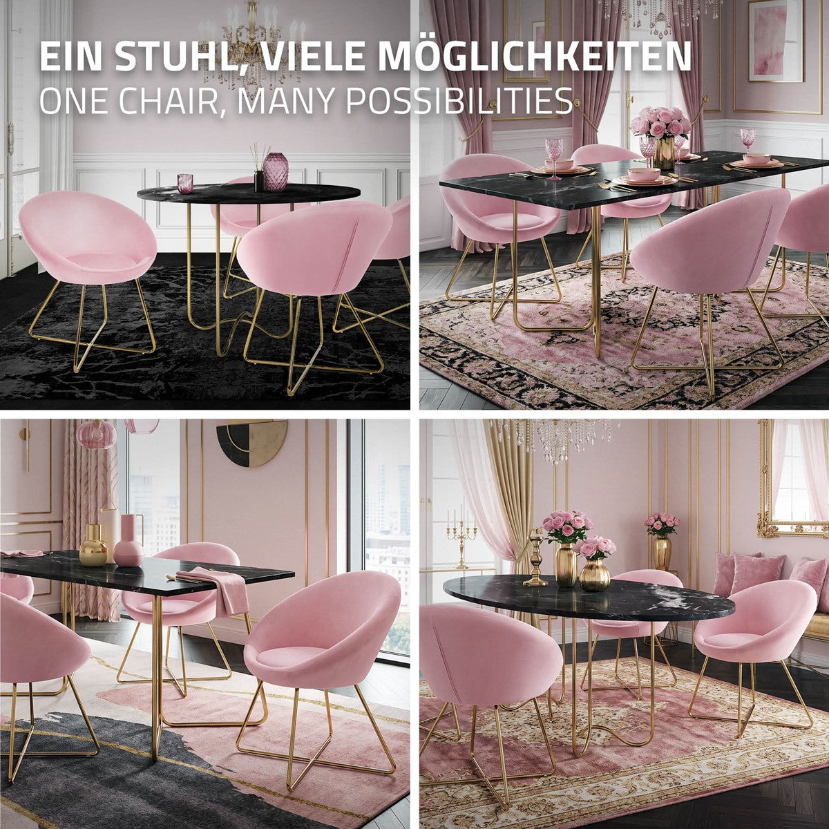 Verschiedene pinke Esszimmerstühle um einen schwarzen Tisch angeordnet.