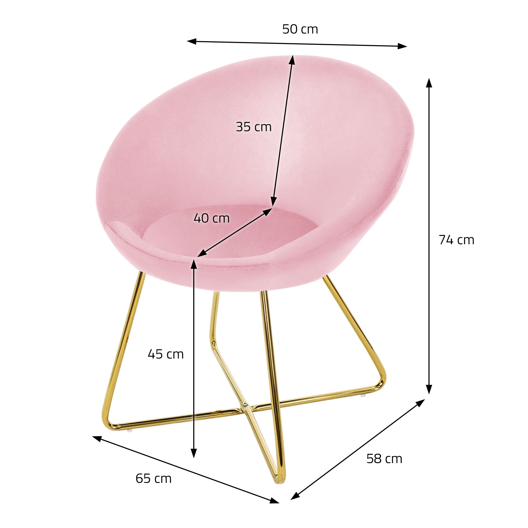 Maßzeichnung eines rosa Sessels mit goldfarbenem Gestell.