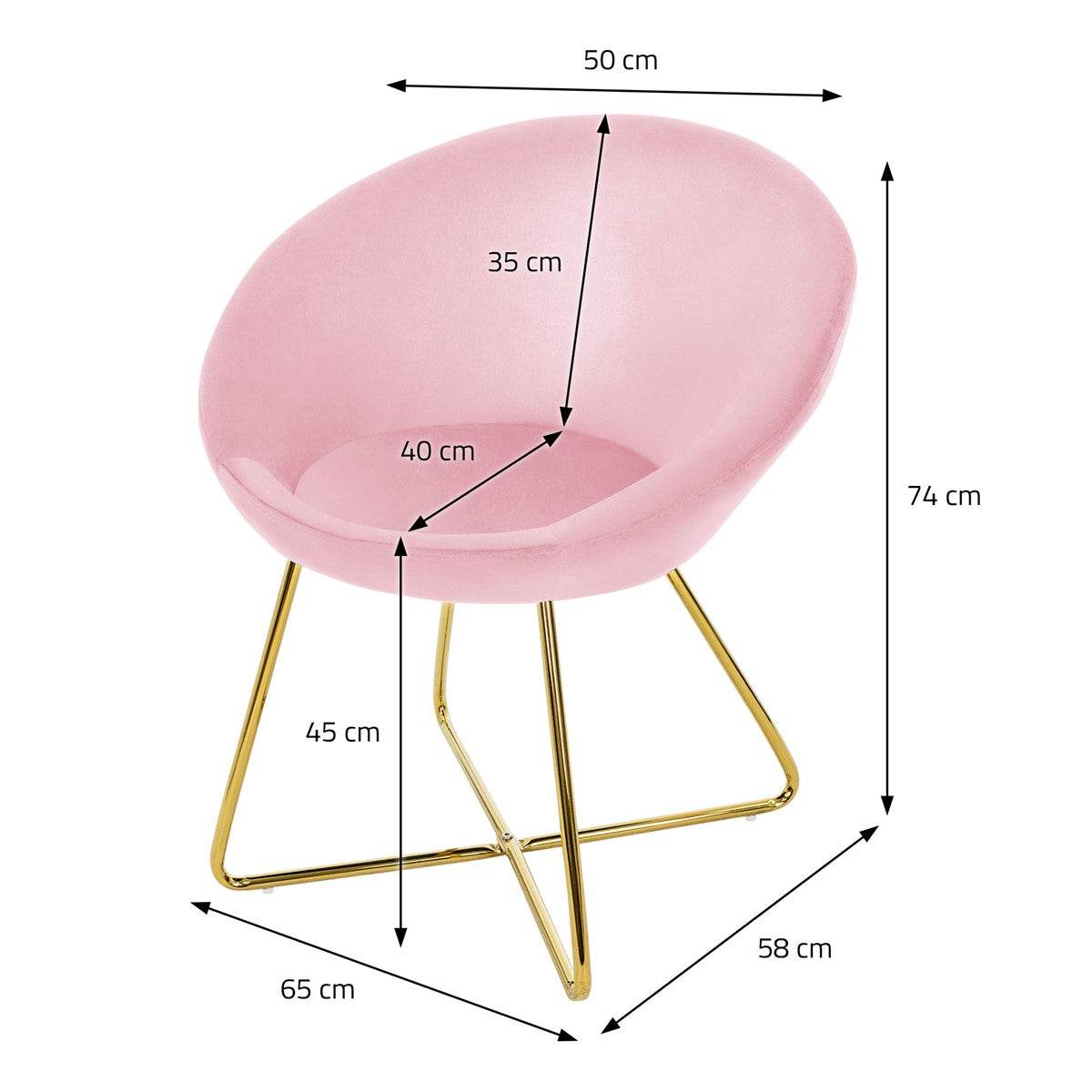 Maßzeichnung eines rosa Stuhls mit Abmessungen in Zentimetern.