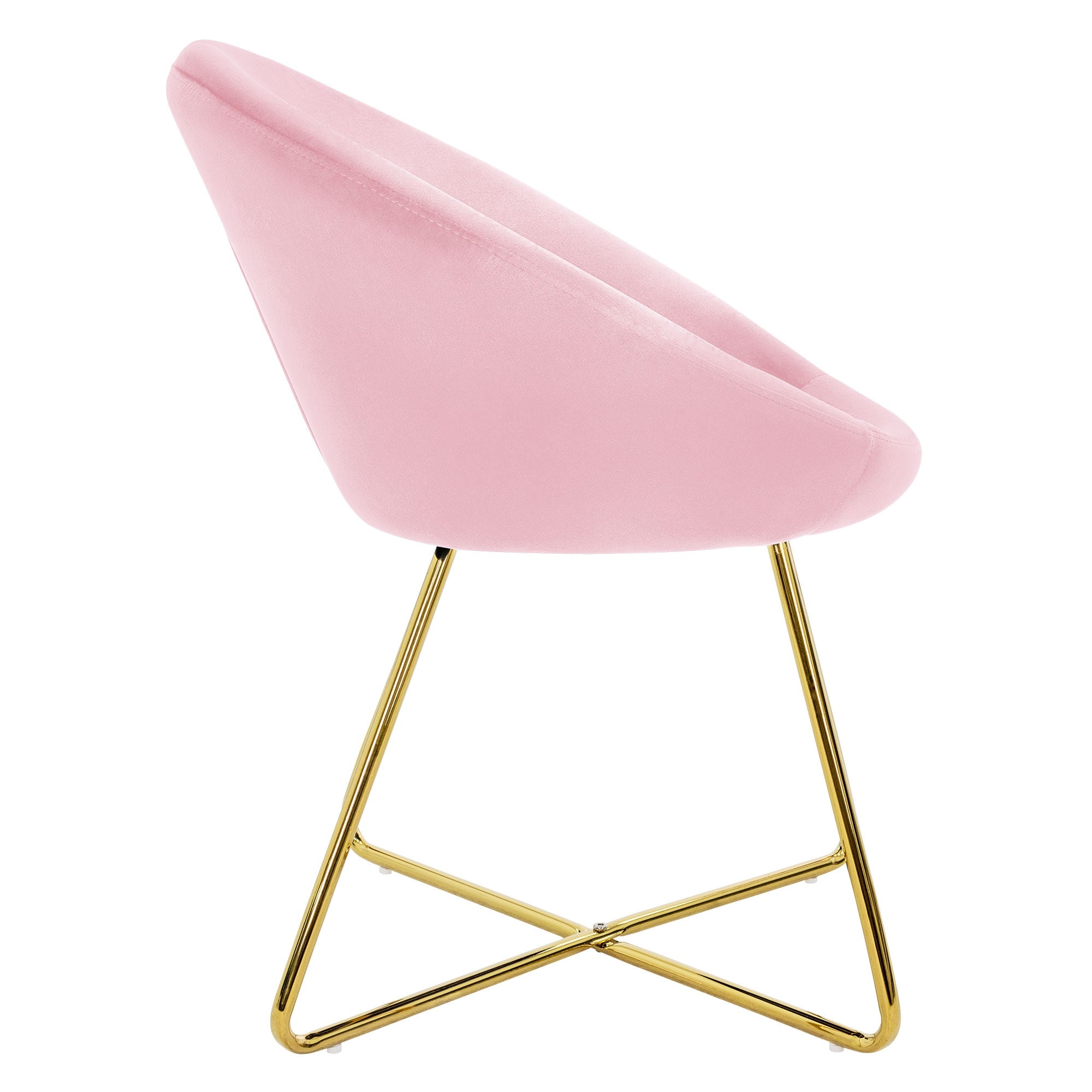 Ein pinkfarbener Stuhl mit goldenen Beinen, seitliche Ansicht.