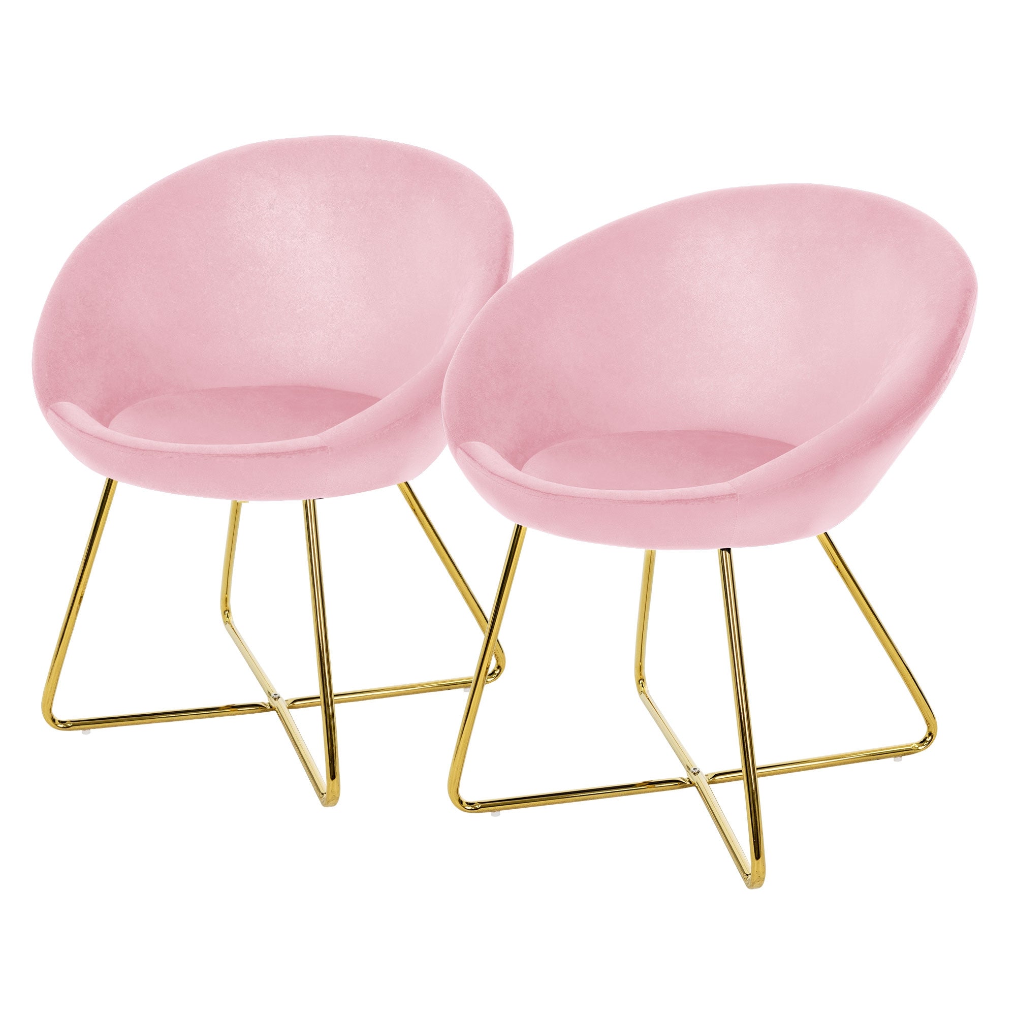 Zwei rosa Stühle mit goldenen Beinen nebeneinander.