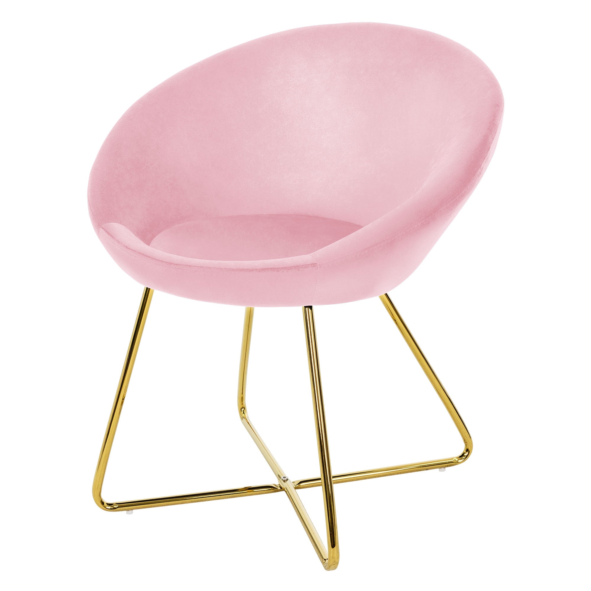 Rosa Stuhl mit goldenen Beinen, runde Form.