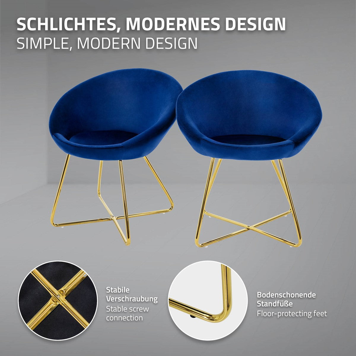 Zwei blaue Stühle mit goldenen Beinen vor einem grauen Hintergrund.