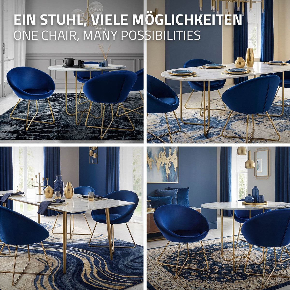 Vier blaue Stühle um einen runden Tisch in einem stilvollen Raum.