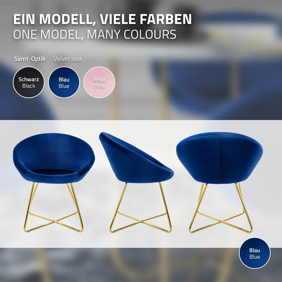 Drei Sessel in verschiedenen Farben auf einem unscharfen Hintergrund.