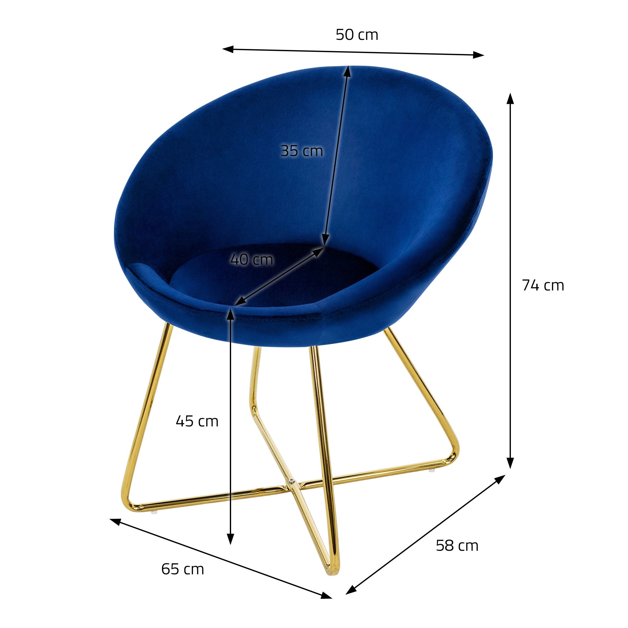 Blauer Stuhl mit goldenen Beinen, Maße: 50 cm Breite, 74 cm Höhe, 58 cm Tiefe.