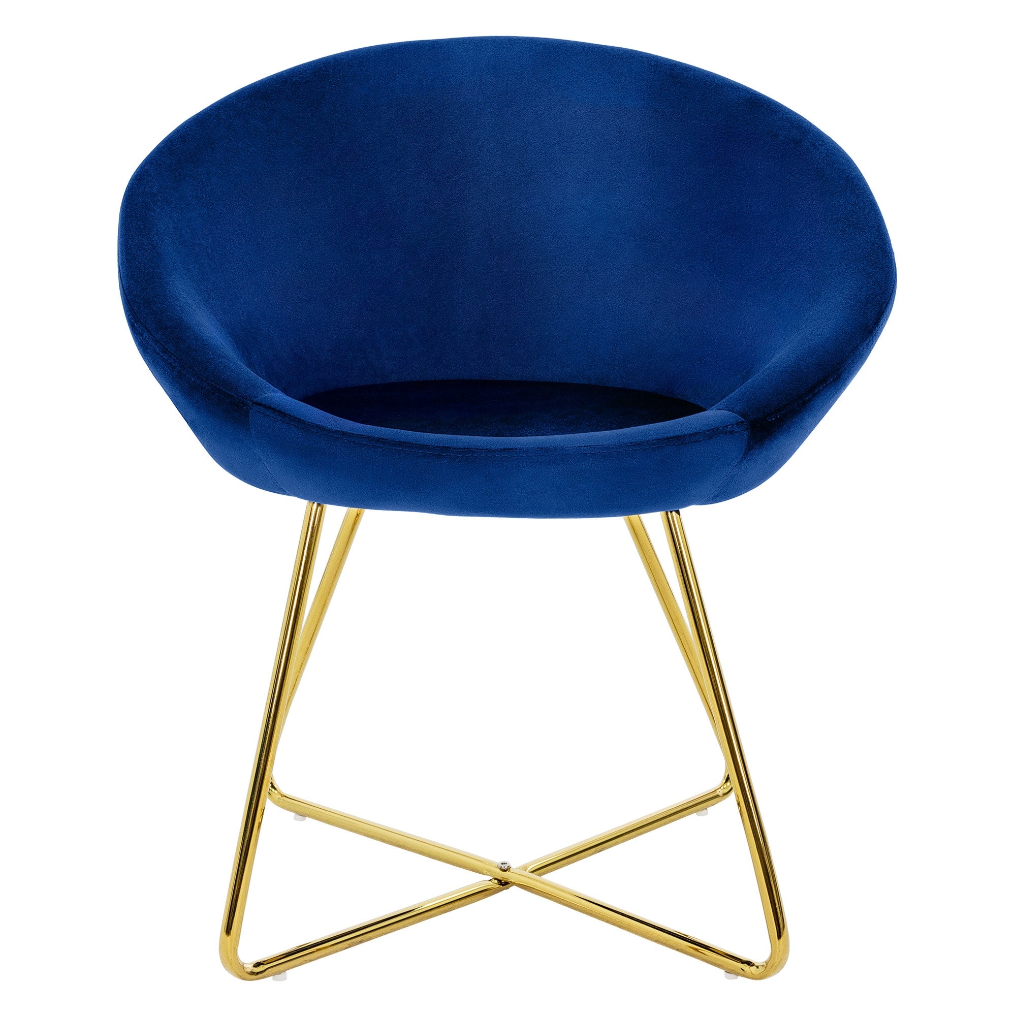 Blauer Sessel mit goldenen Beinen, runde Form und gepolsterte Sitzfläche.