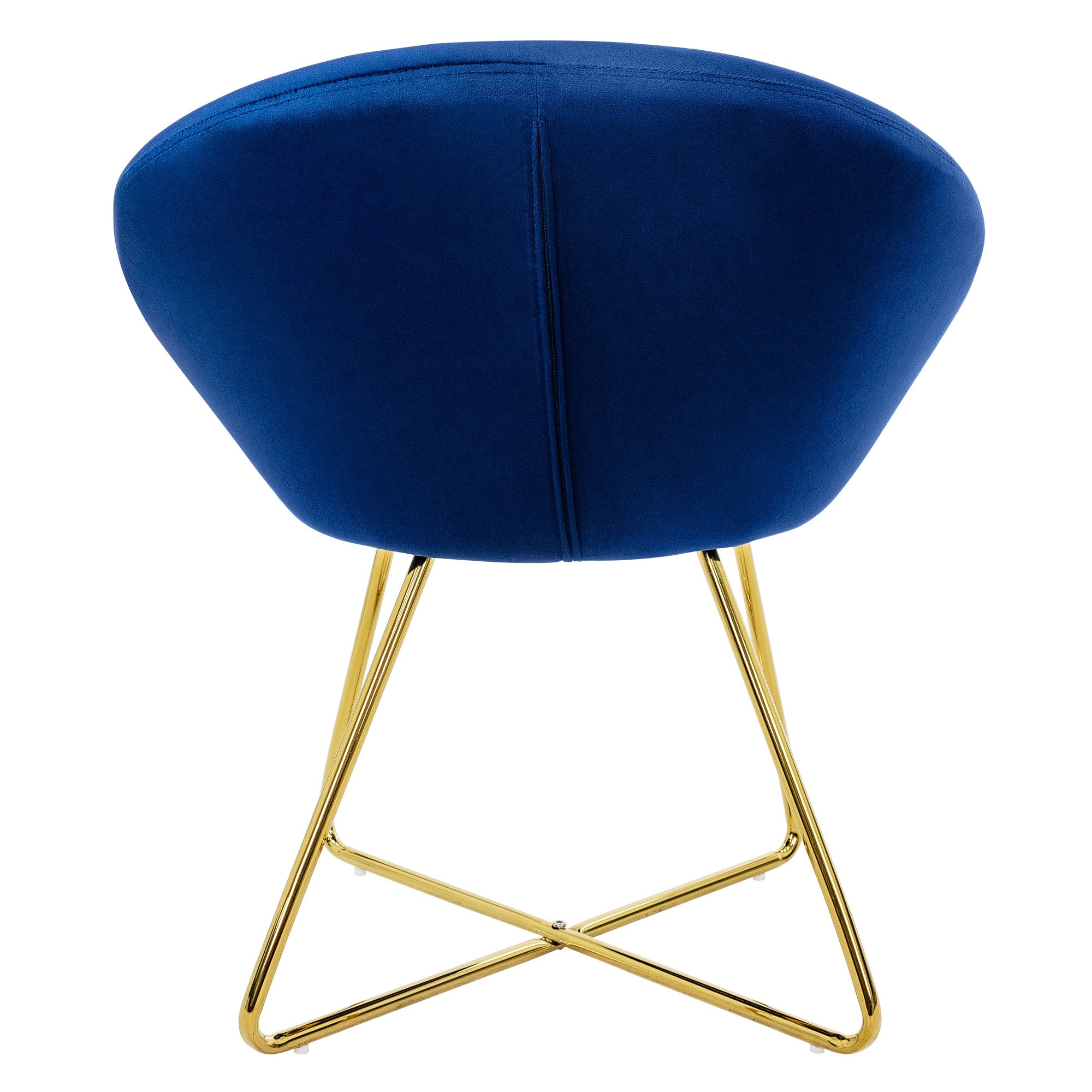 Rückansicht eines blauen Stuhls mit goldenen Beinen.