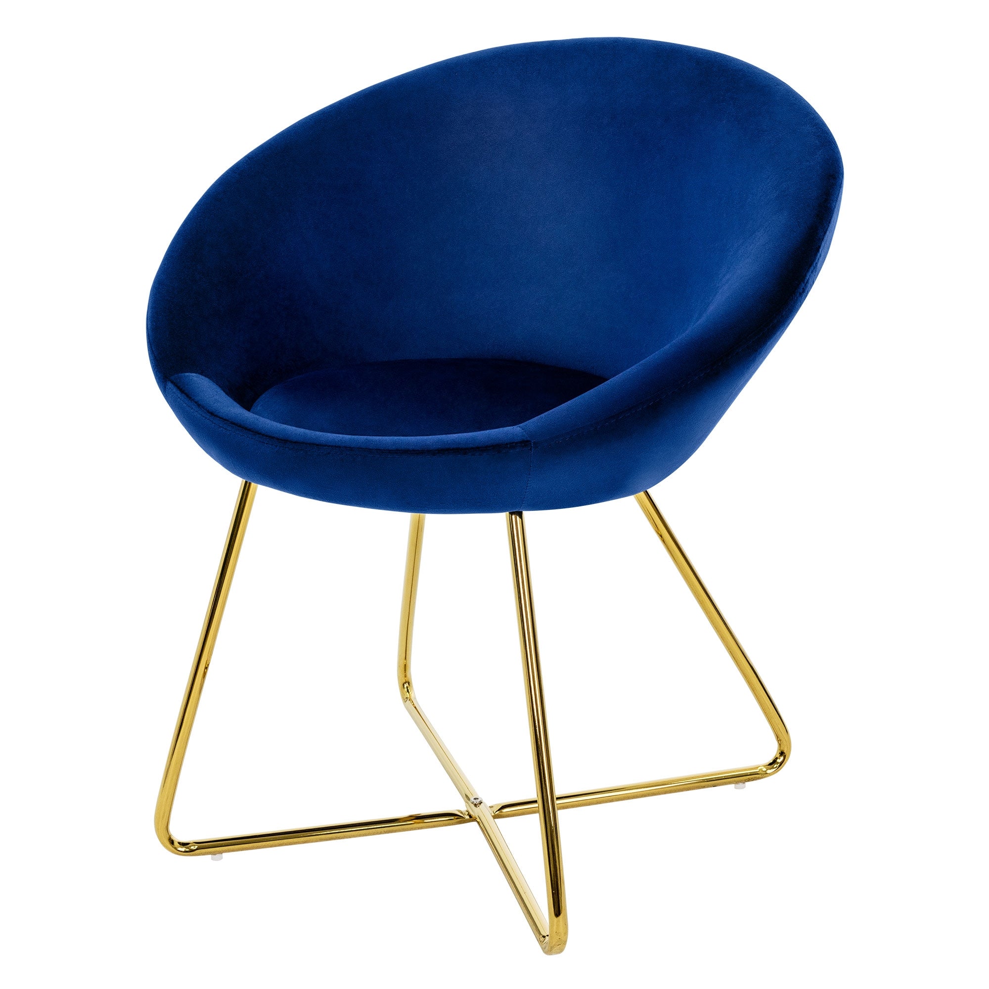 Blauer Sessel mit goldenen Beinen auf weißem Hintergrund.