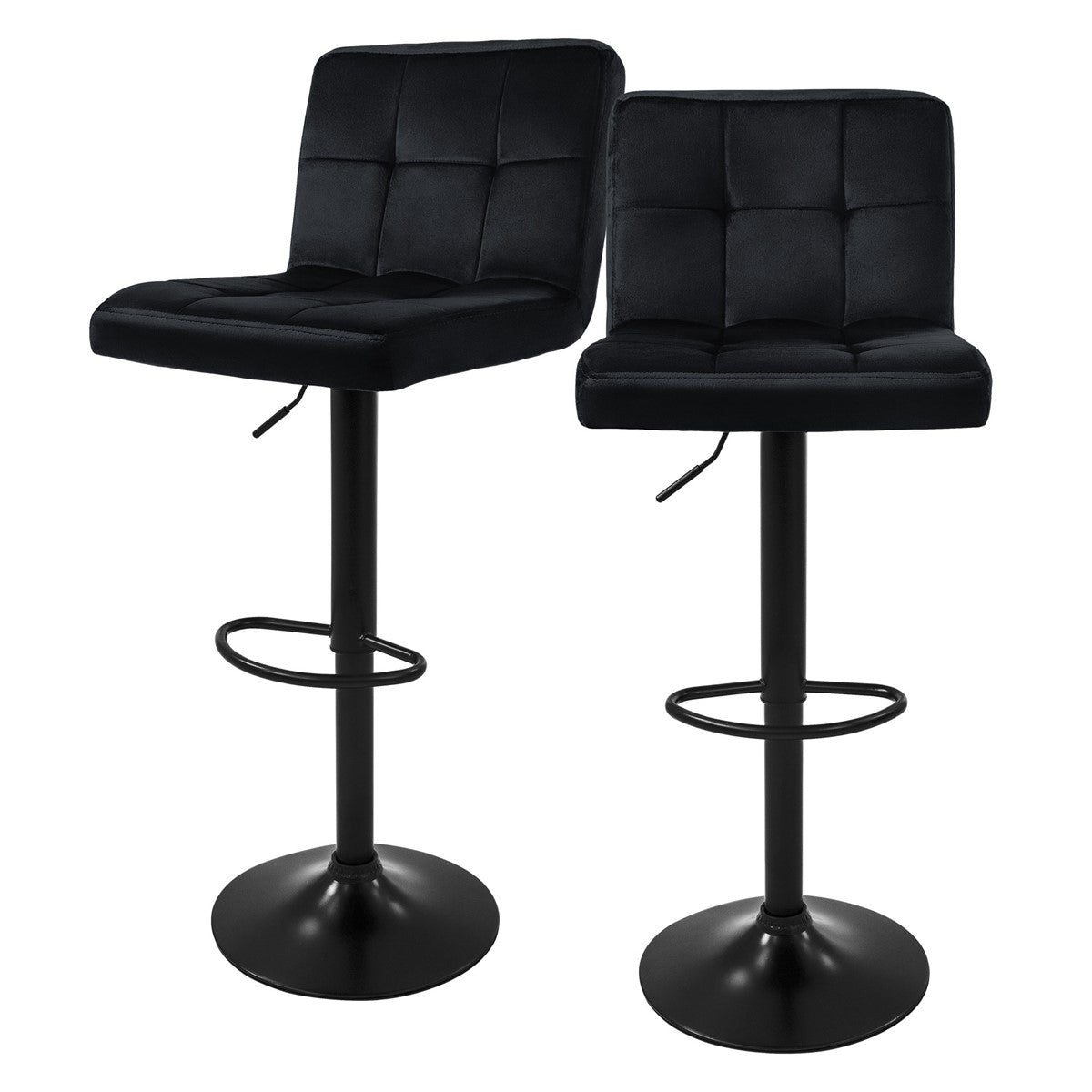 Two black bar stools with upholstered seats on a black base.