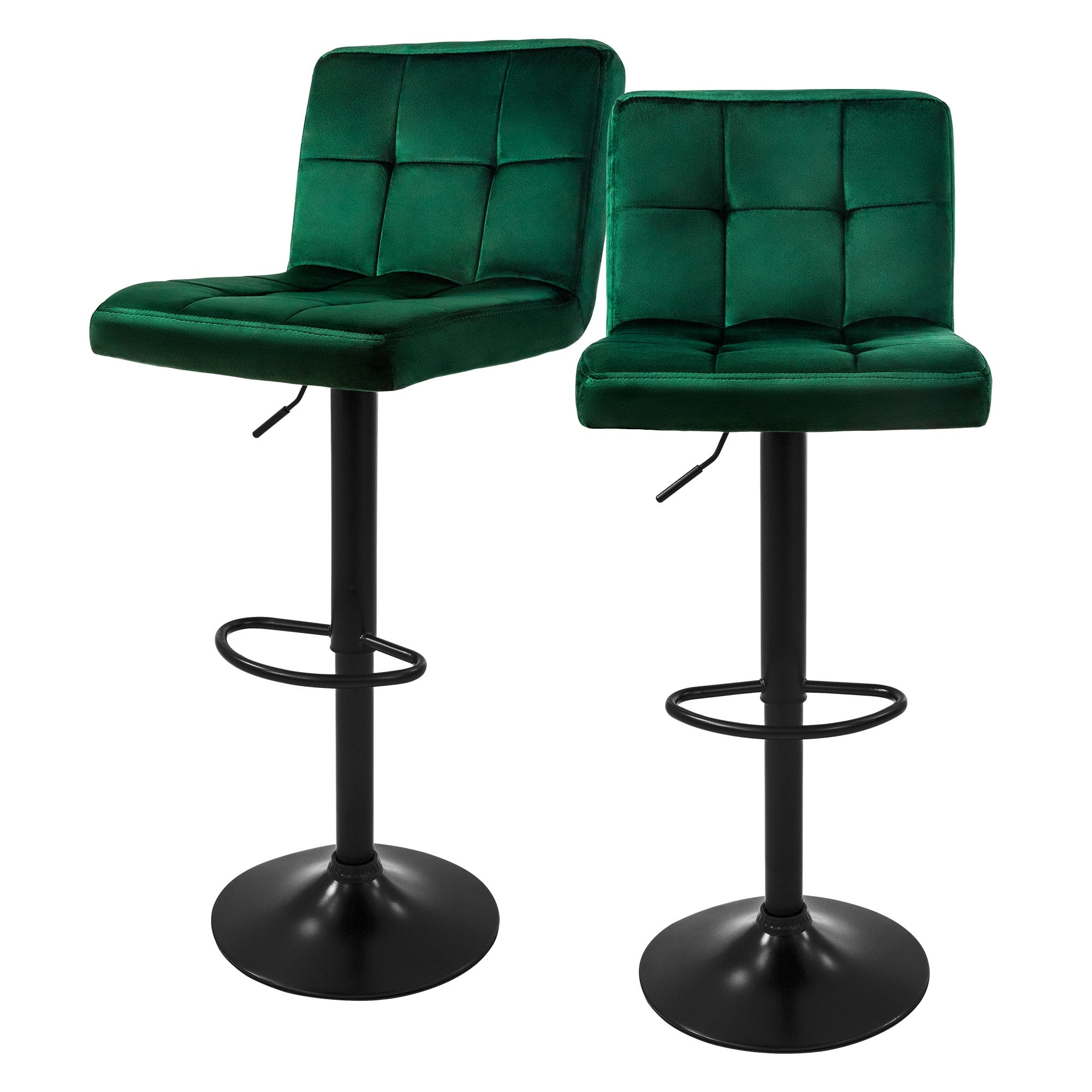 Zwei grüne Barhocker an einem Tisch in einer modernen Umgebung.