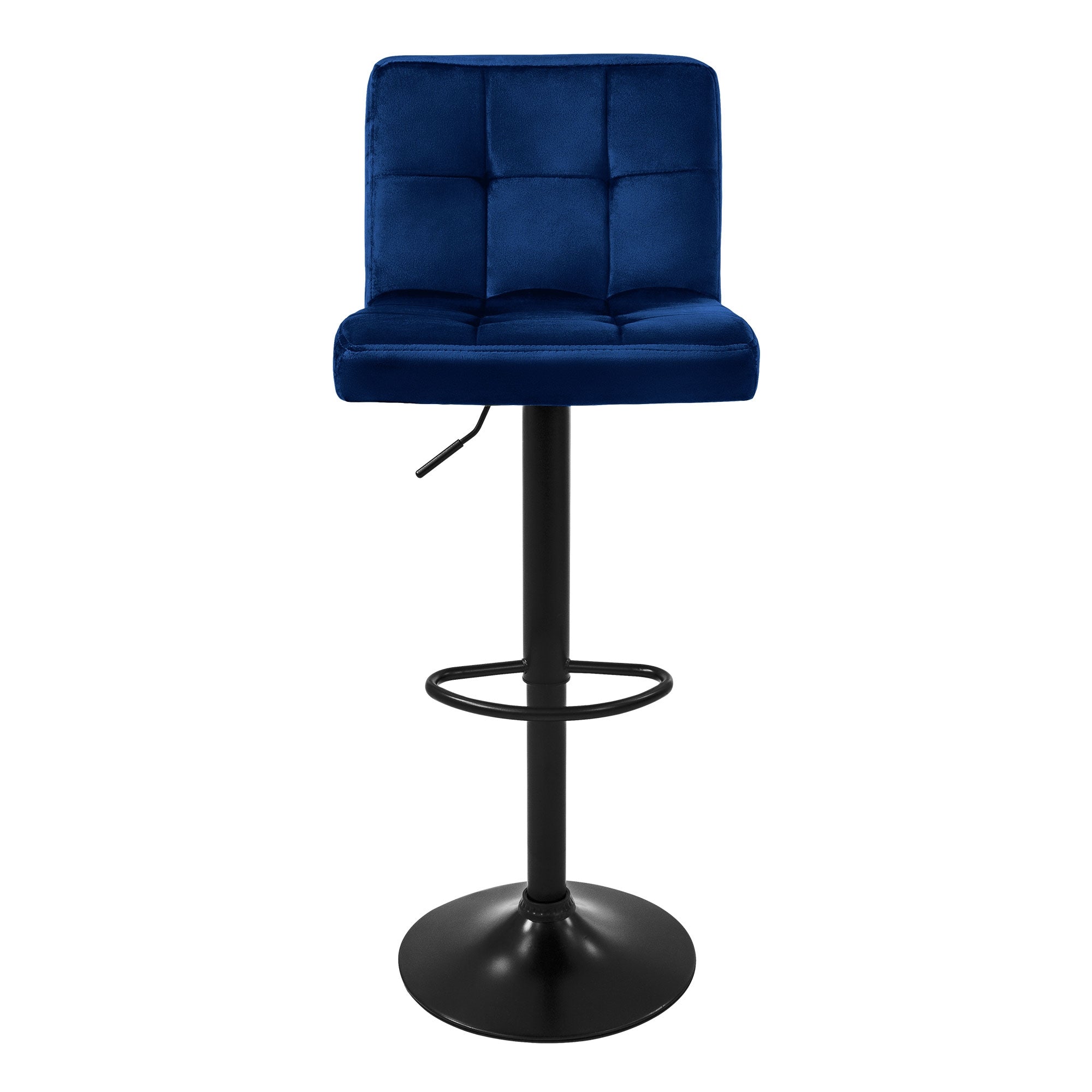Ein einzelner blauer Barhocker mit gepolstertem Sitz und schwarzem Fuß.