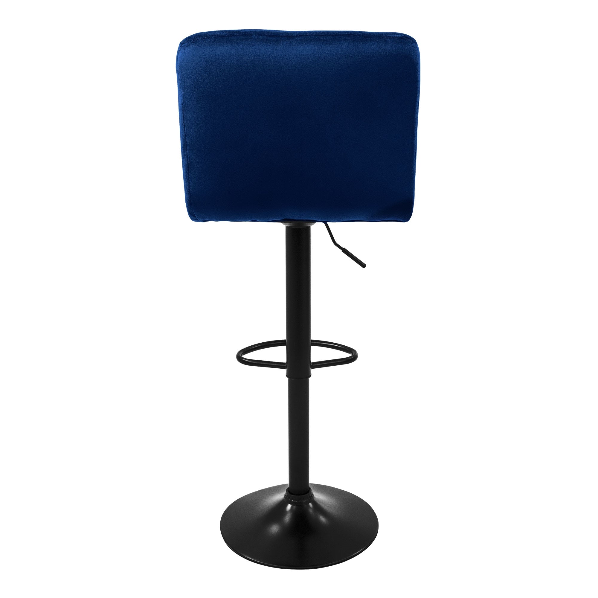 Blauer Barhocker mit runder Basis und verstellbarem Fußring.