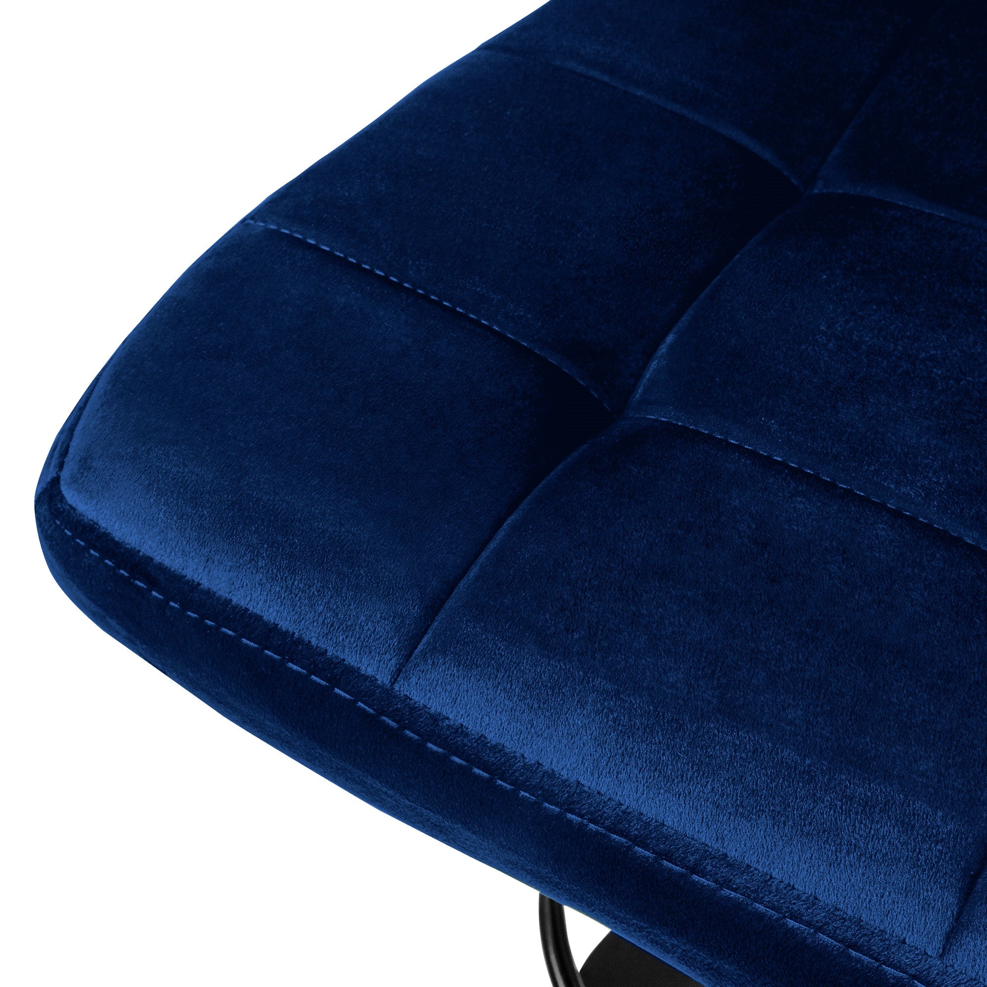 Nahaufnahme der blauen Polsterung des Hochstuhls.