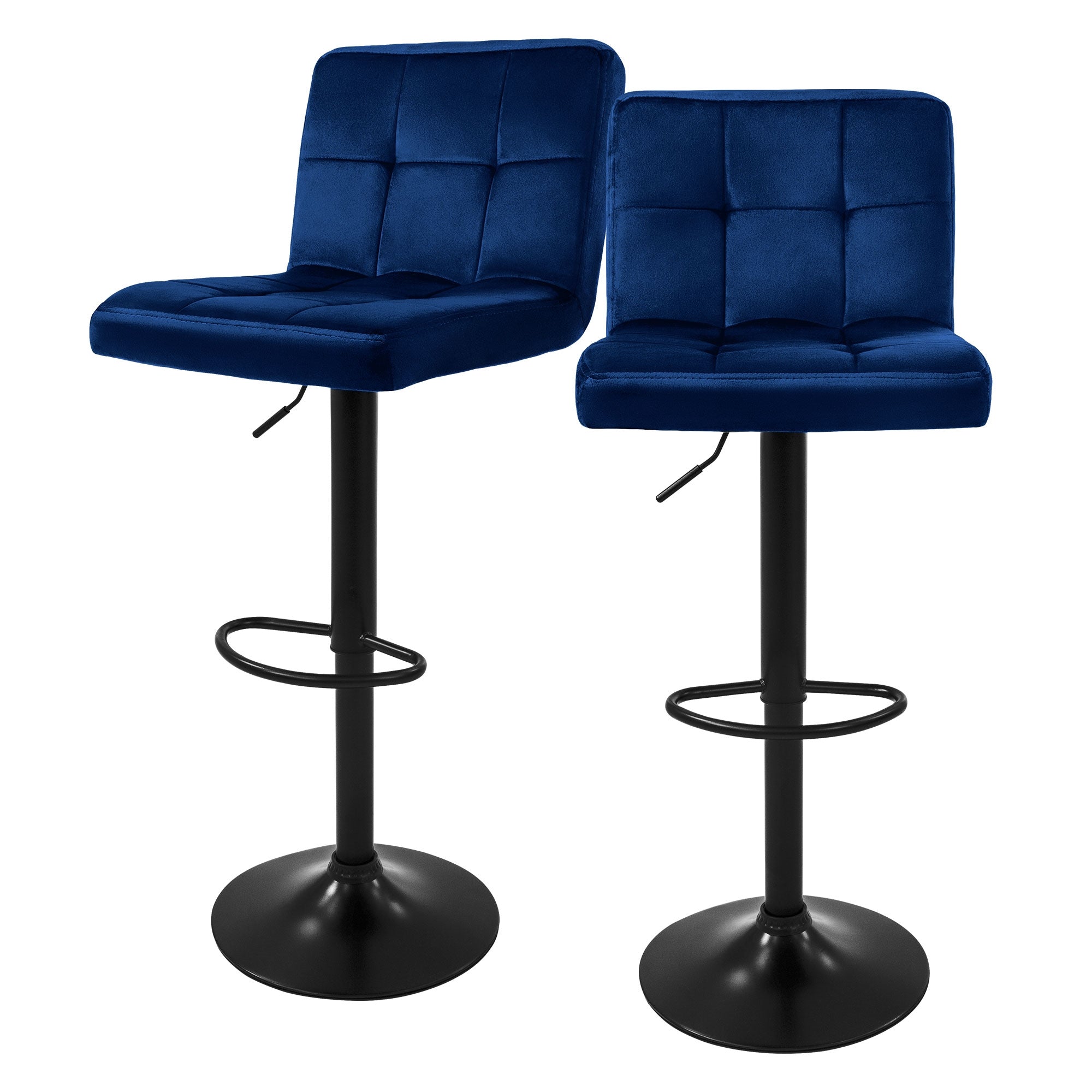 Zwei blaue Barhocker mit quadratischer Polsterung auf schwarzem Fuß.