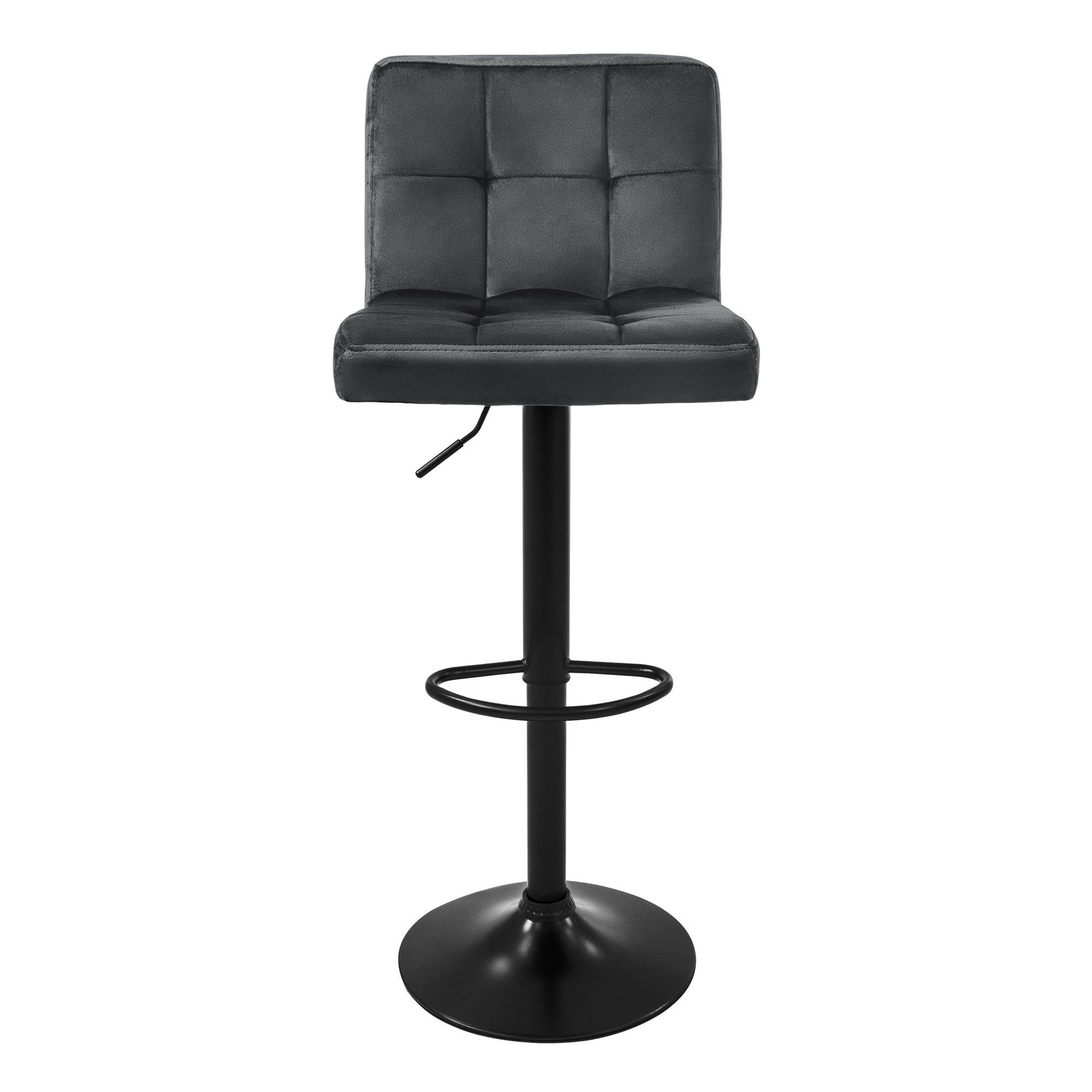 A black bar stool with a padded seat and round footrest.