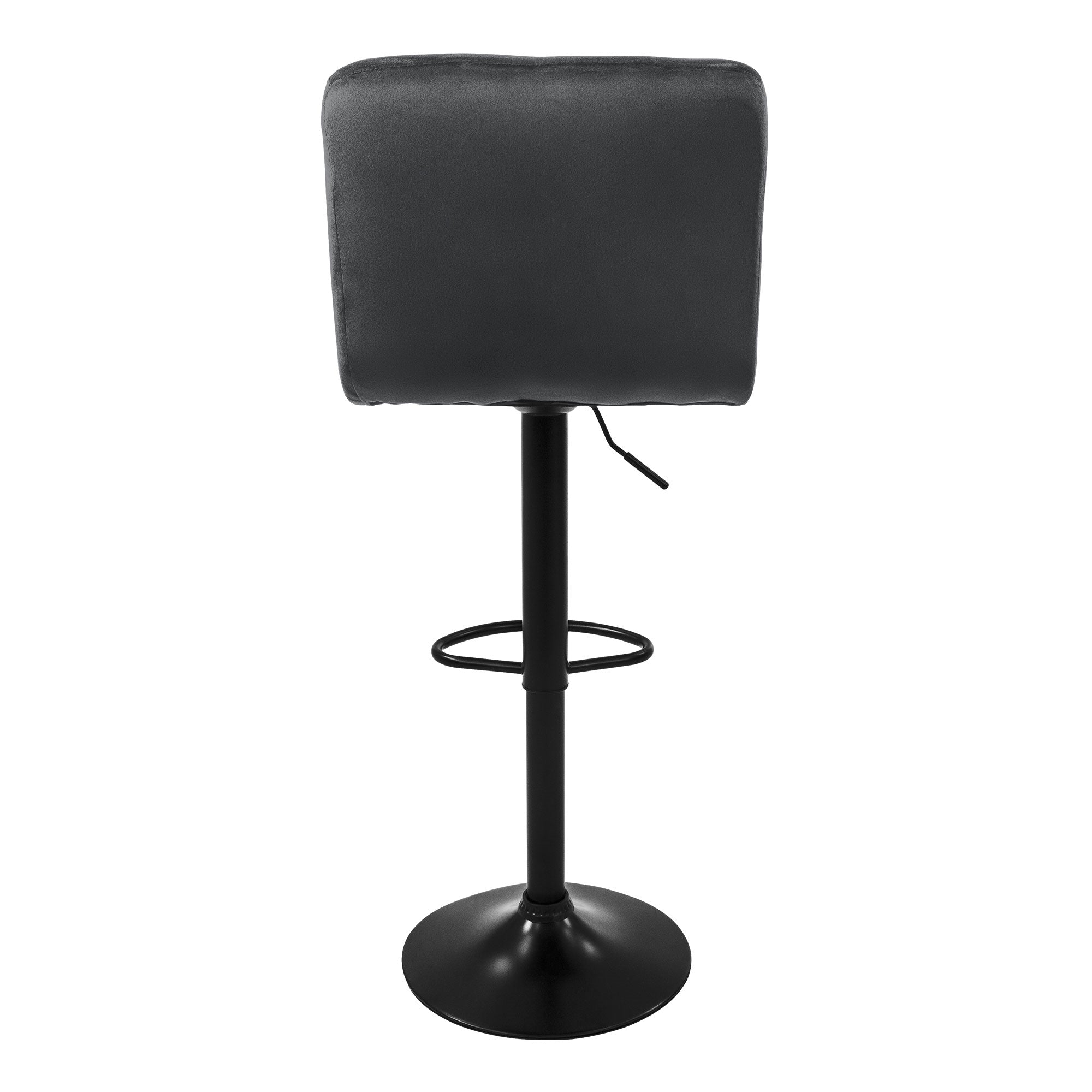 Rear view of a black bar stool with a black base.