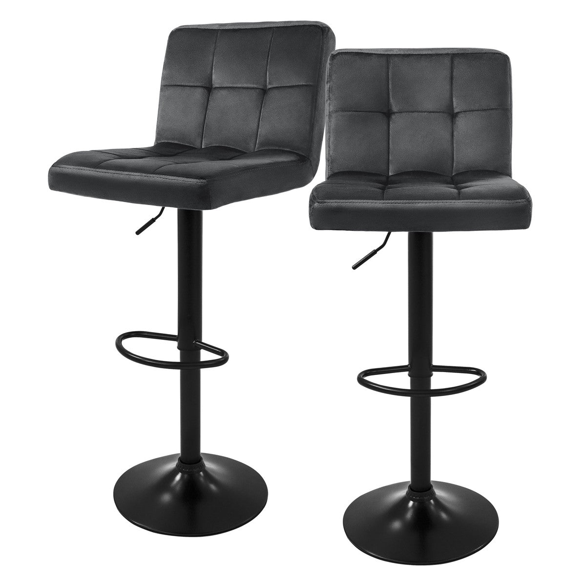 Two grey bar stools with square upholstery on a black base.