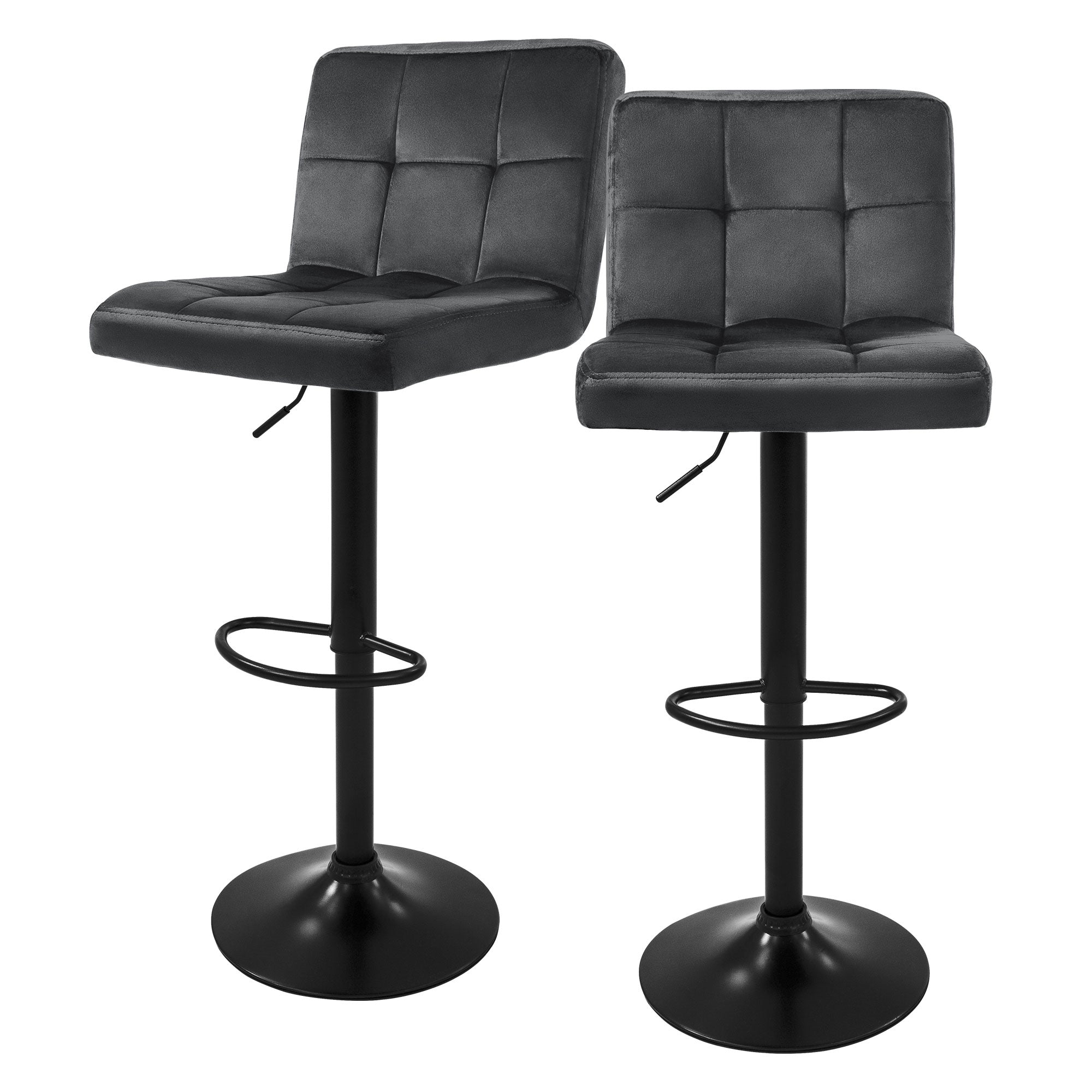 Two gray bar stools with square upholstery on a black base.