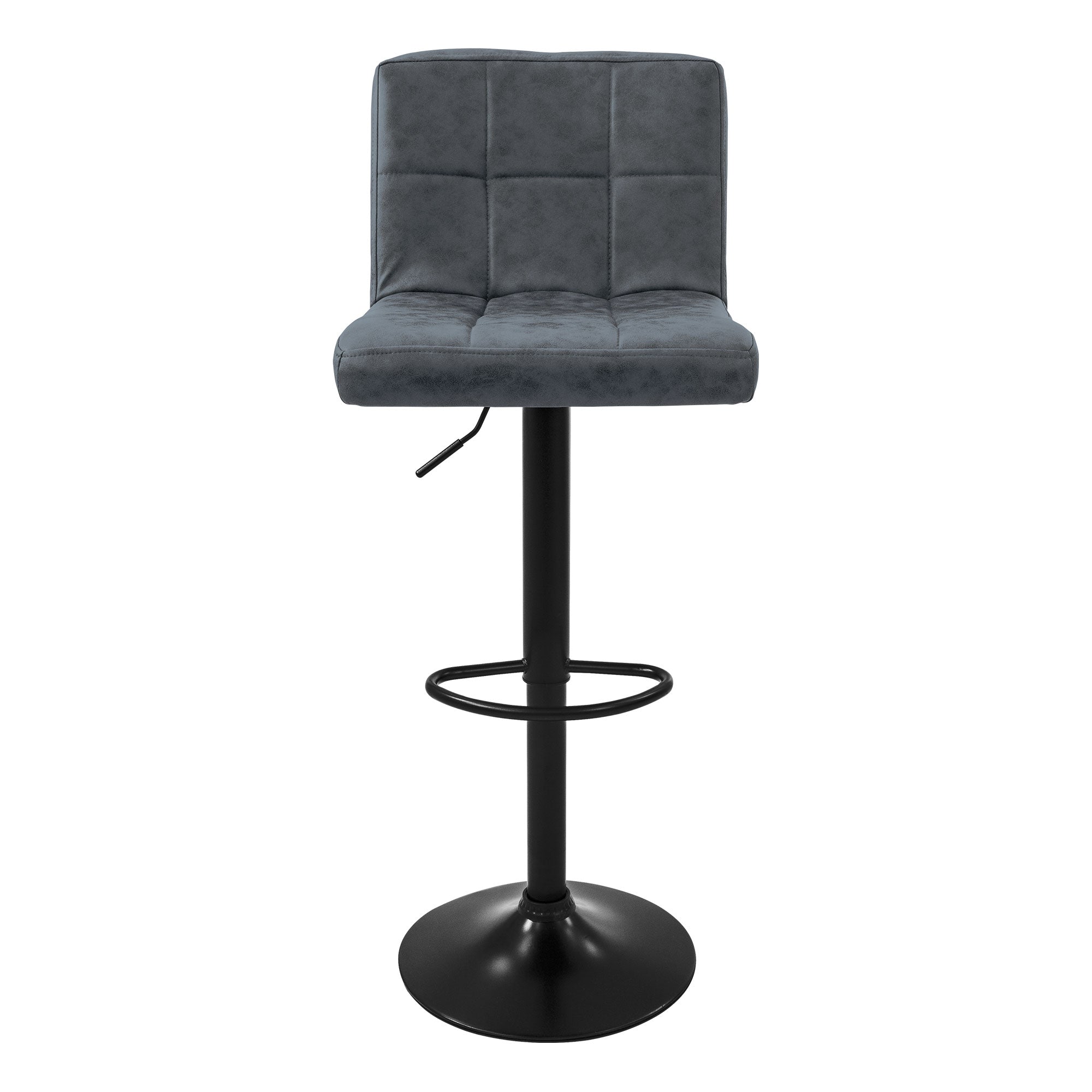 Grauer Barhocker mit quadratischer Sitzfläche und verstellbarer Höhe.