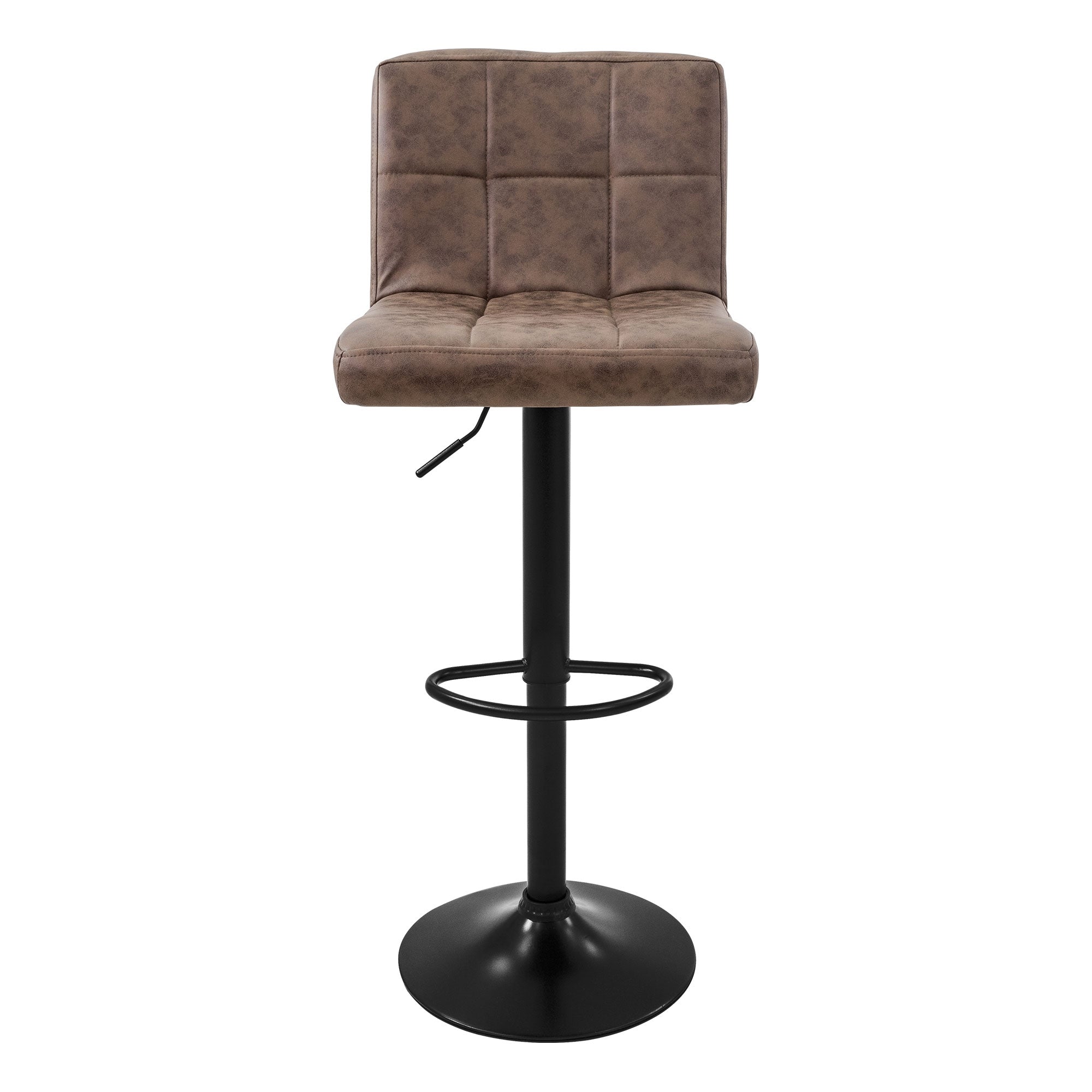 Brauner Barhocker mit quadratischer Sitzfläche und verstellbarer Höhe.