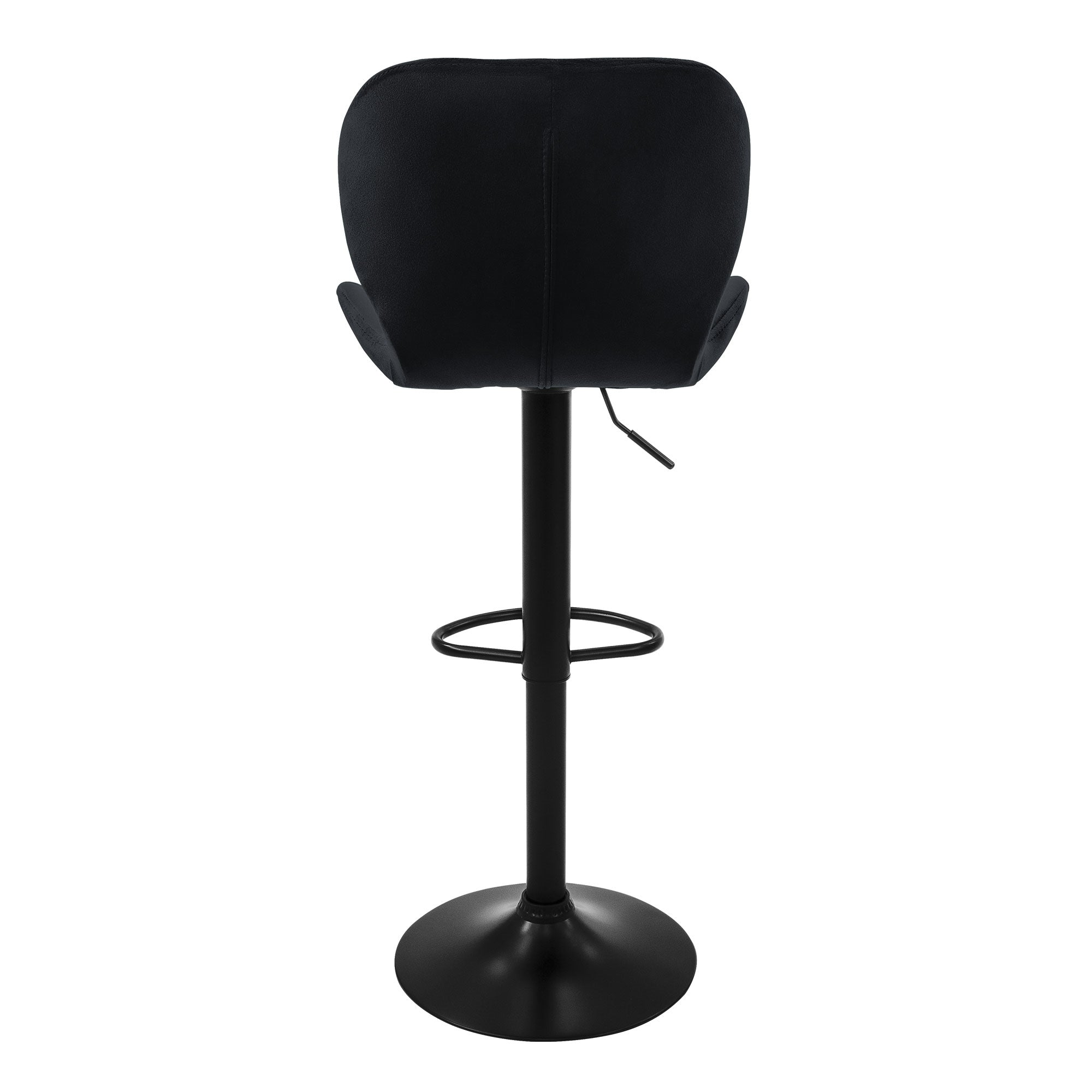 Black bar stool from the back with round base and adjustable seat.
