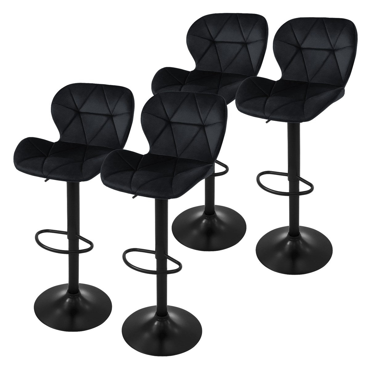 Four black bar stools with padded seats and round footrests.