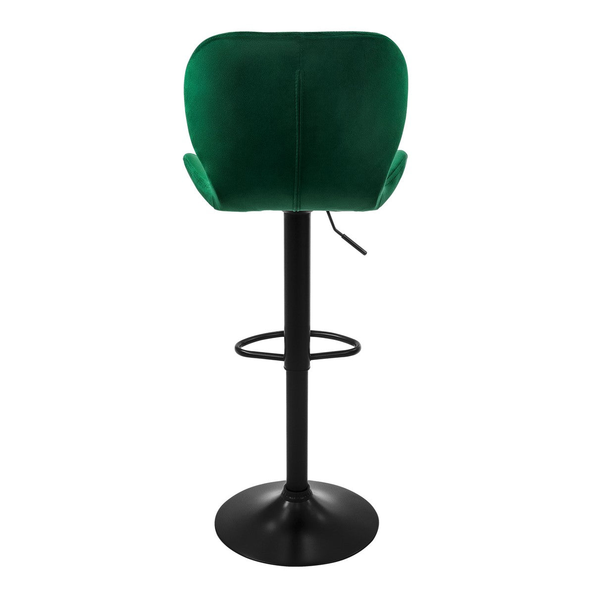 Sgabello da bar verde con base rotonda e altezza regolabile, visto da dietro.