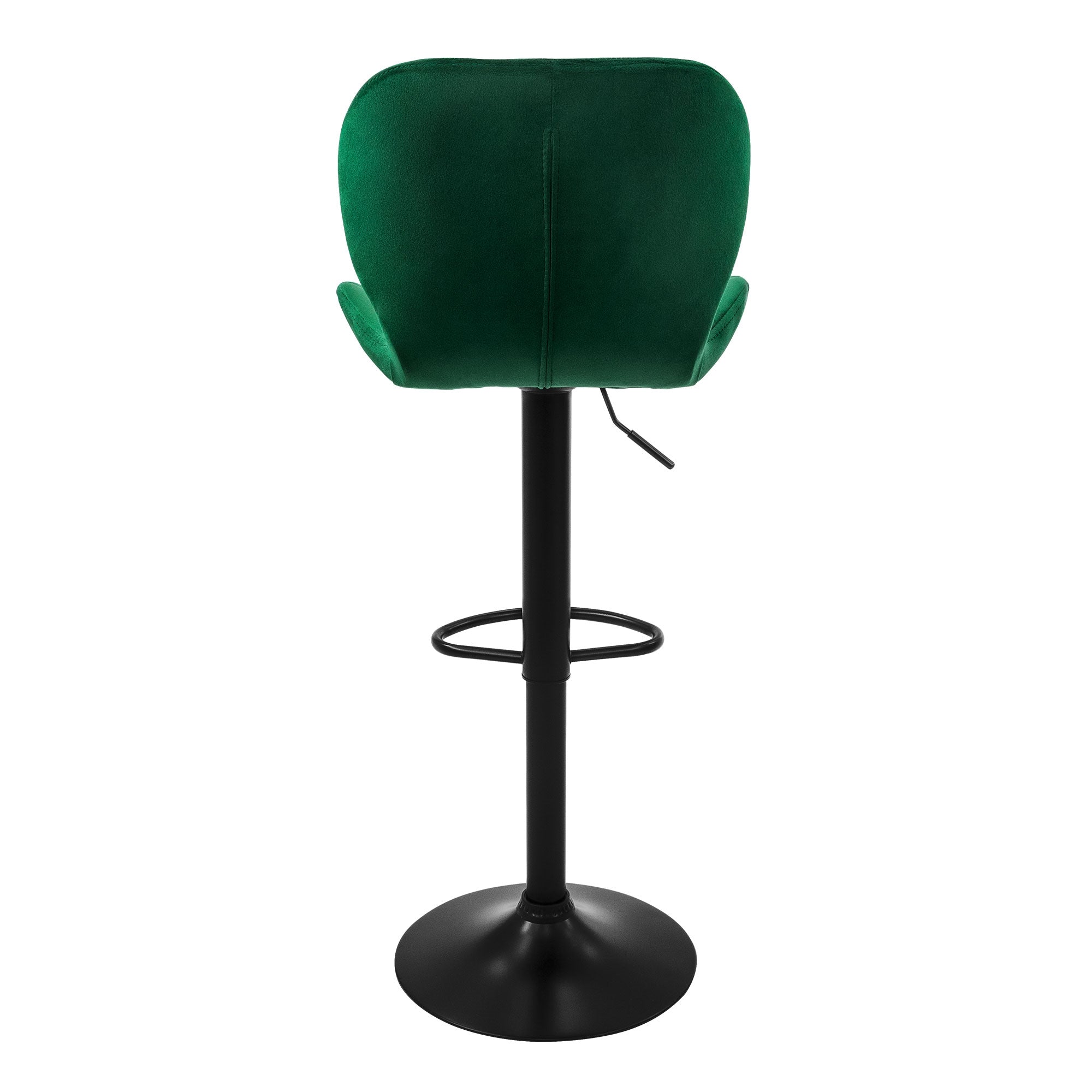 Taburete verde con base redonda y altura ajustable, visto desde atrás.
