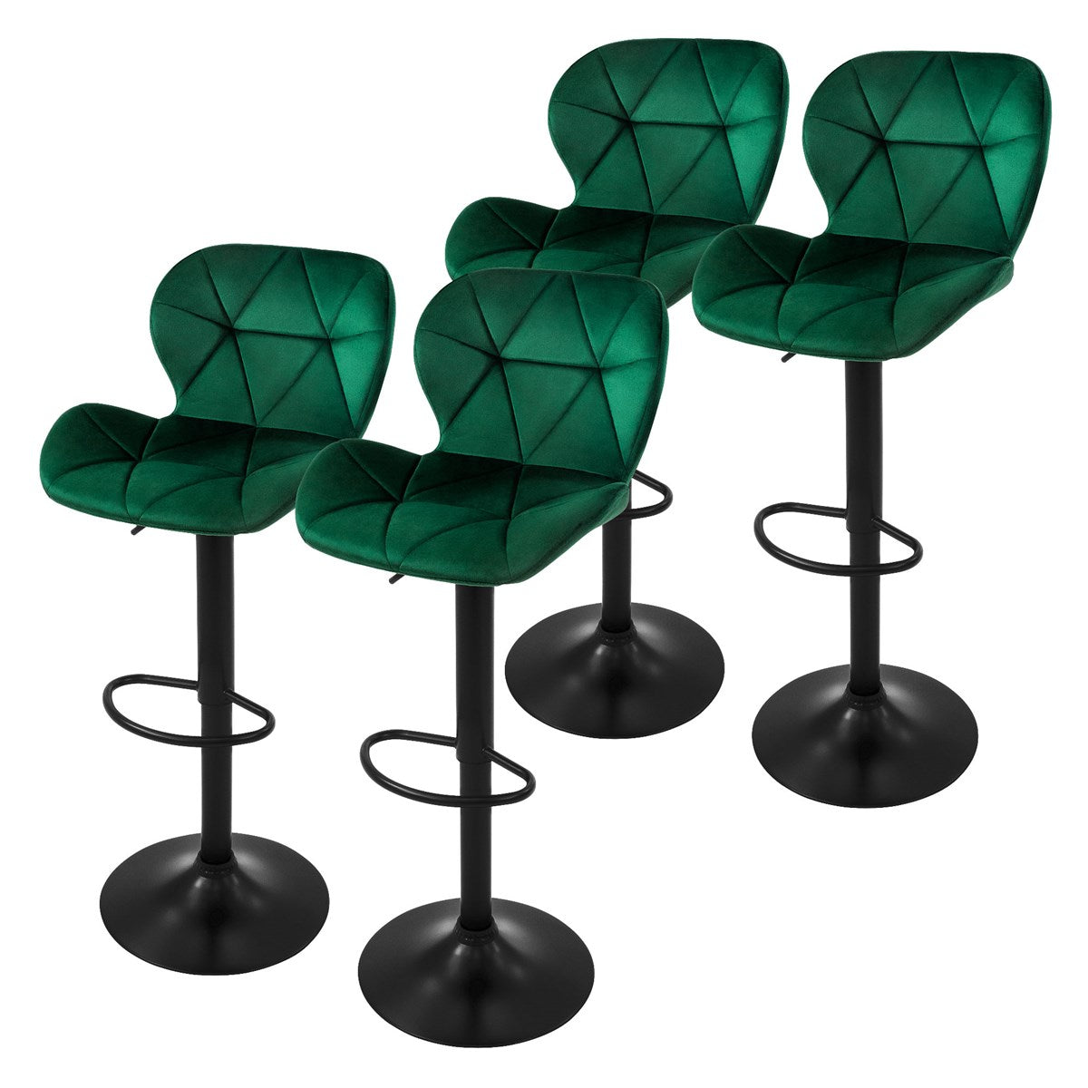 Four green bar stools with a round base and footrest, arranged side by side.