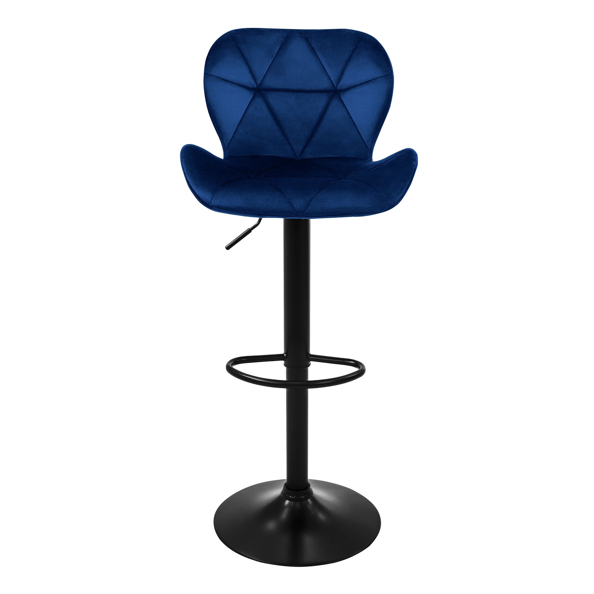 Ein blauer Barhocker mit gepolstertem Sitz und schwarzem Fuß.