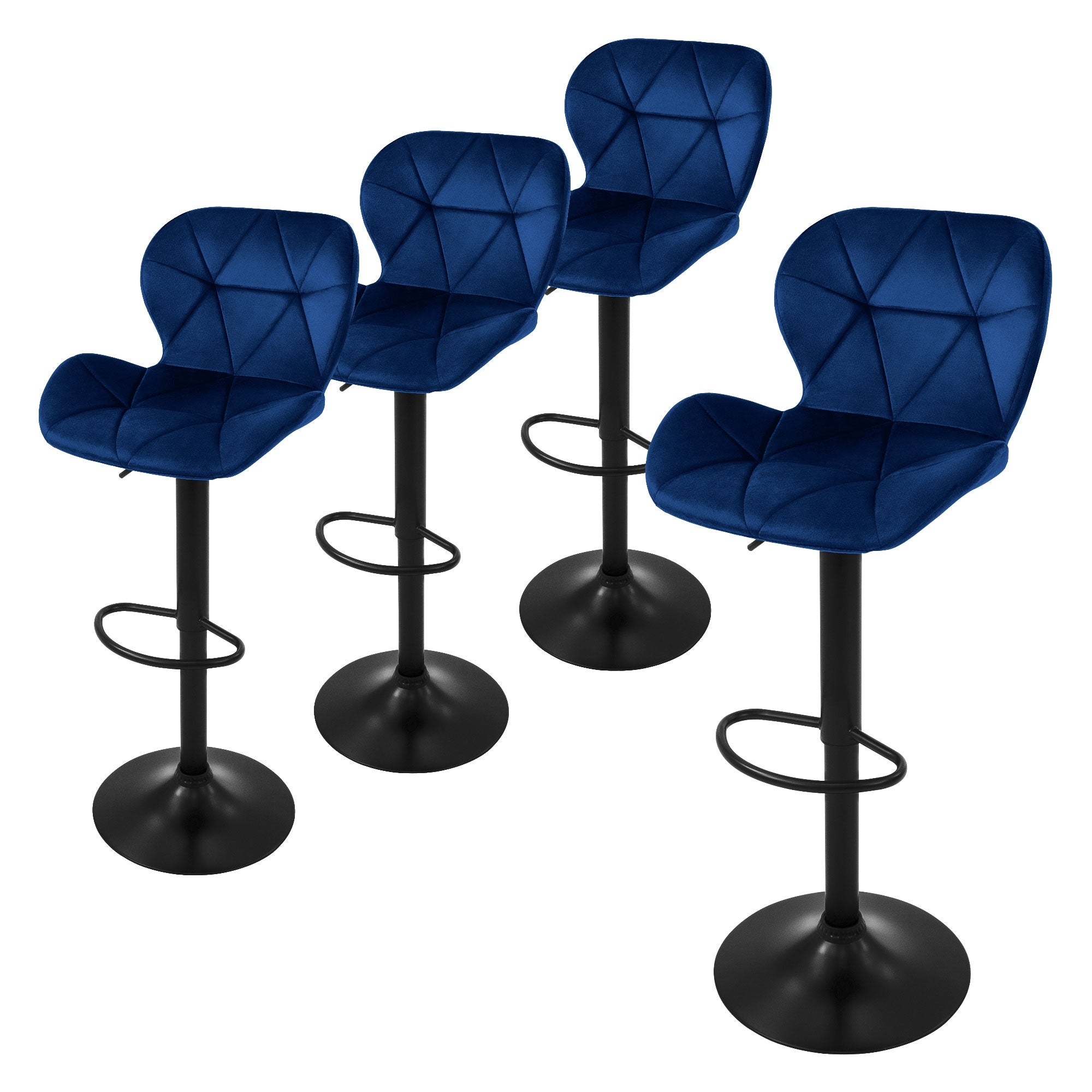 Vier blaue Barhocker mit schwarzem Fuß in einer Reihe.