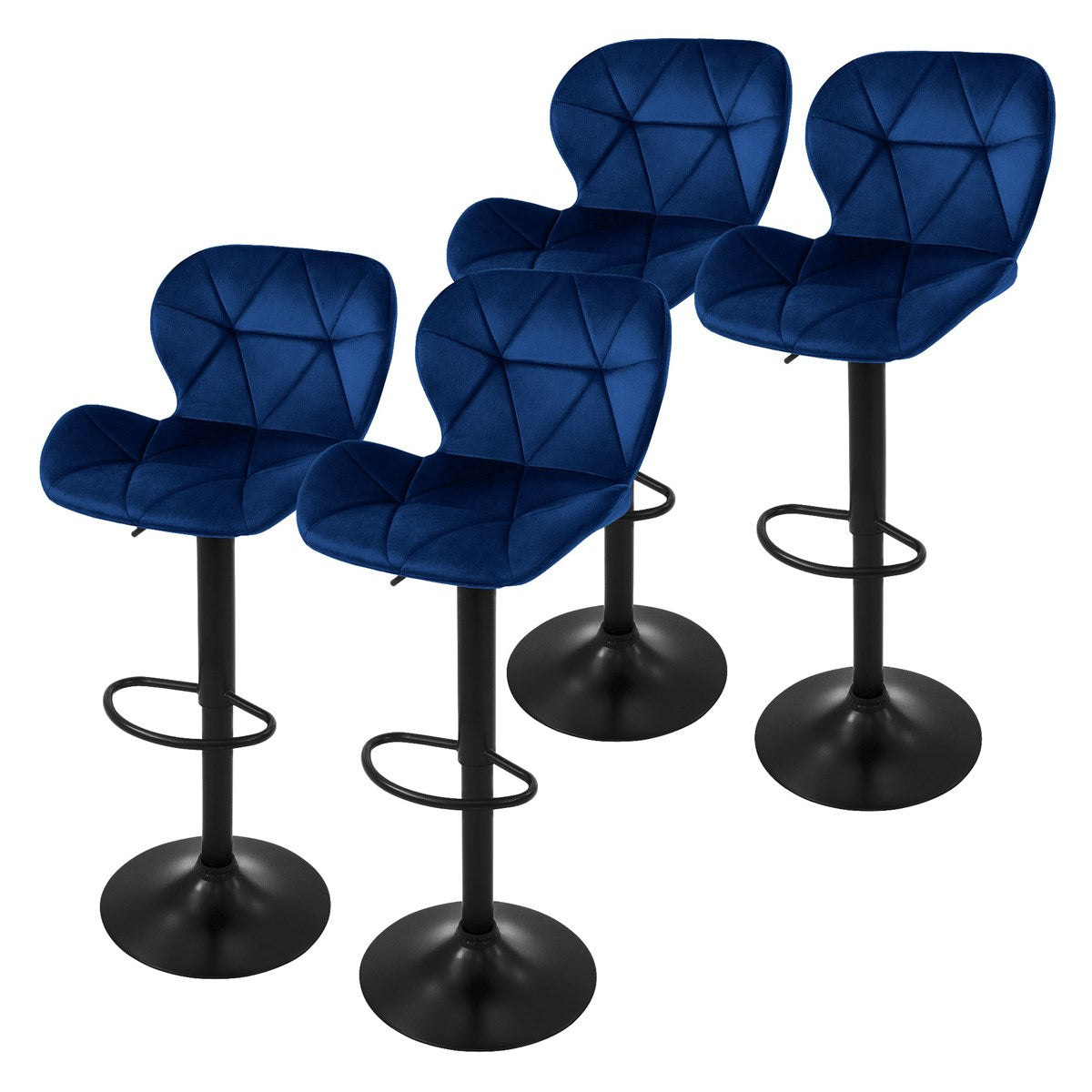 Four blue bar stools with a black base and round foot.
