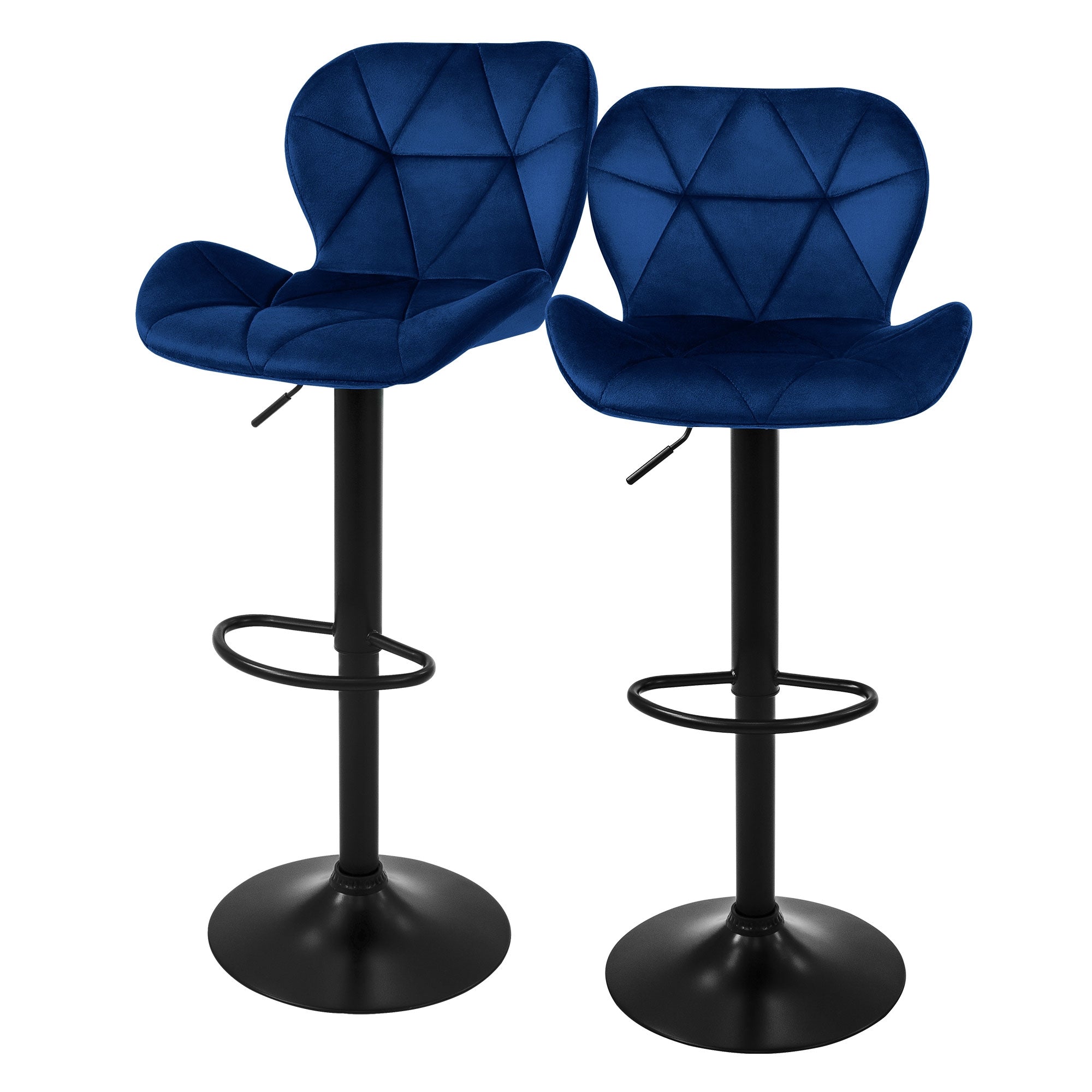 Zwei blaue Barhocker mit schwarzem Fuß in einem minimalistischen Stil.