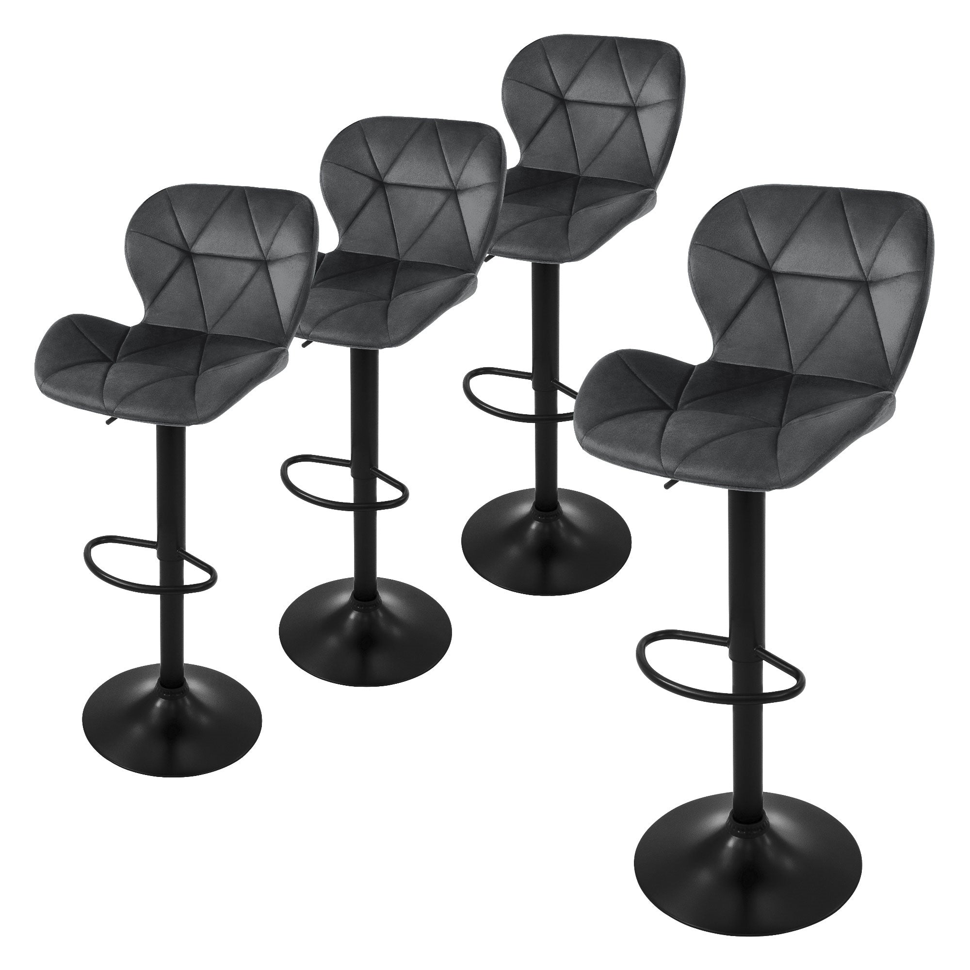Vier graue Barhocker mit geometrischem Design auf schwarzem Fuß.