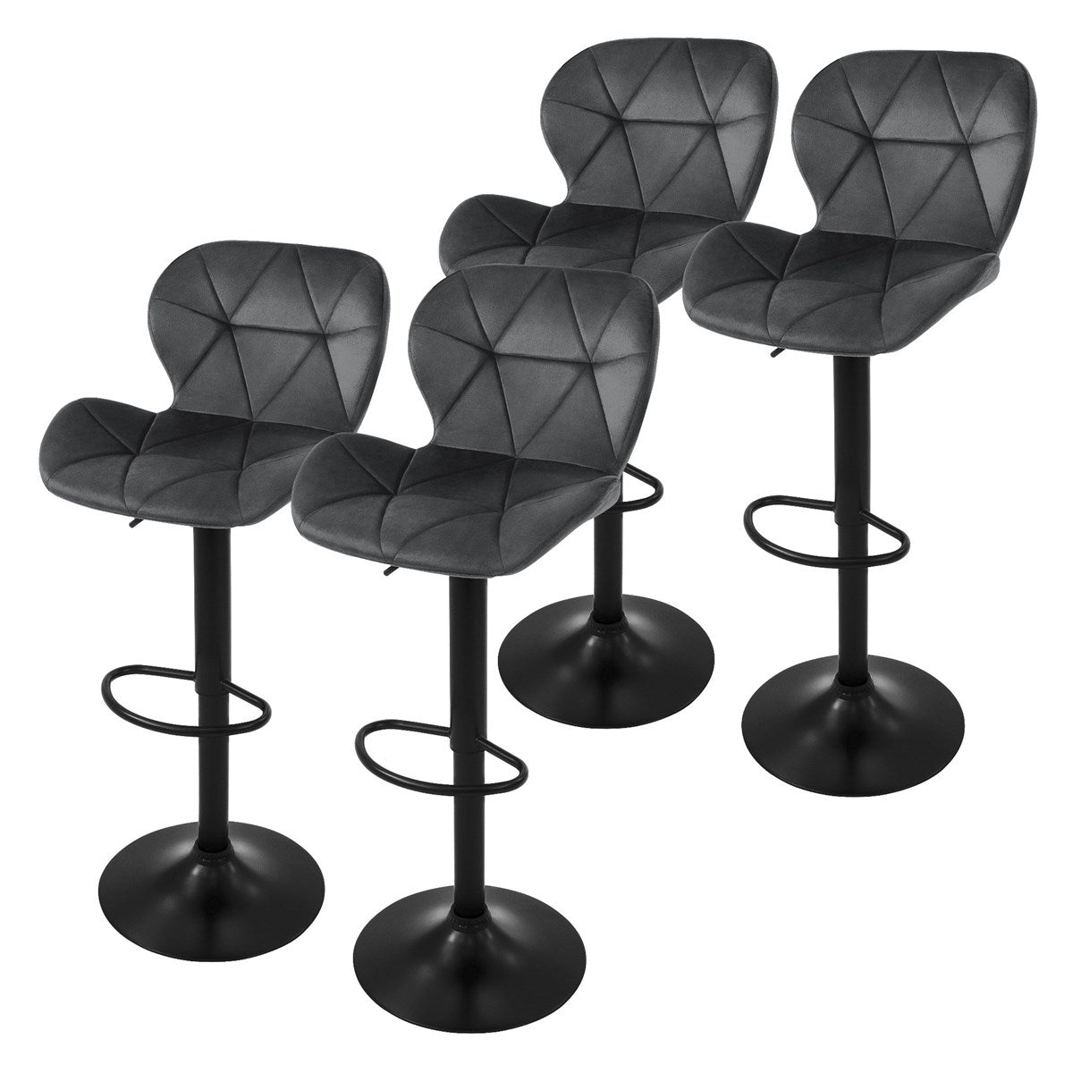 Four black bar stools with upholstered seats and round footrests.