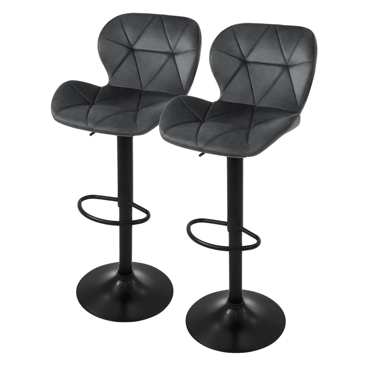 Zwei graue Barhocker mit geometrischem Muster und schwarzem Fuß.
