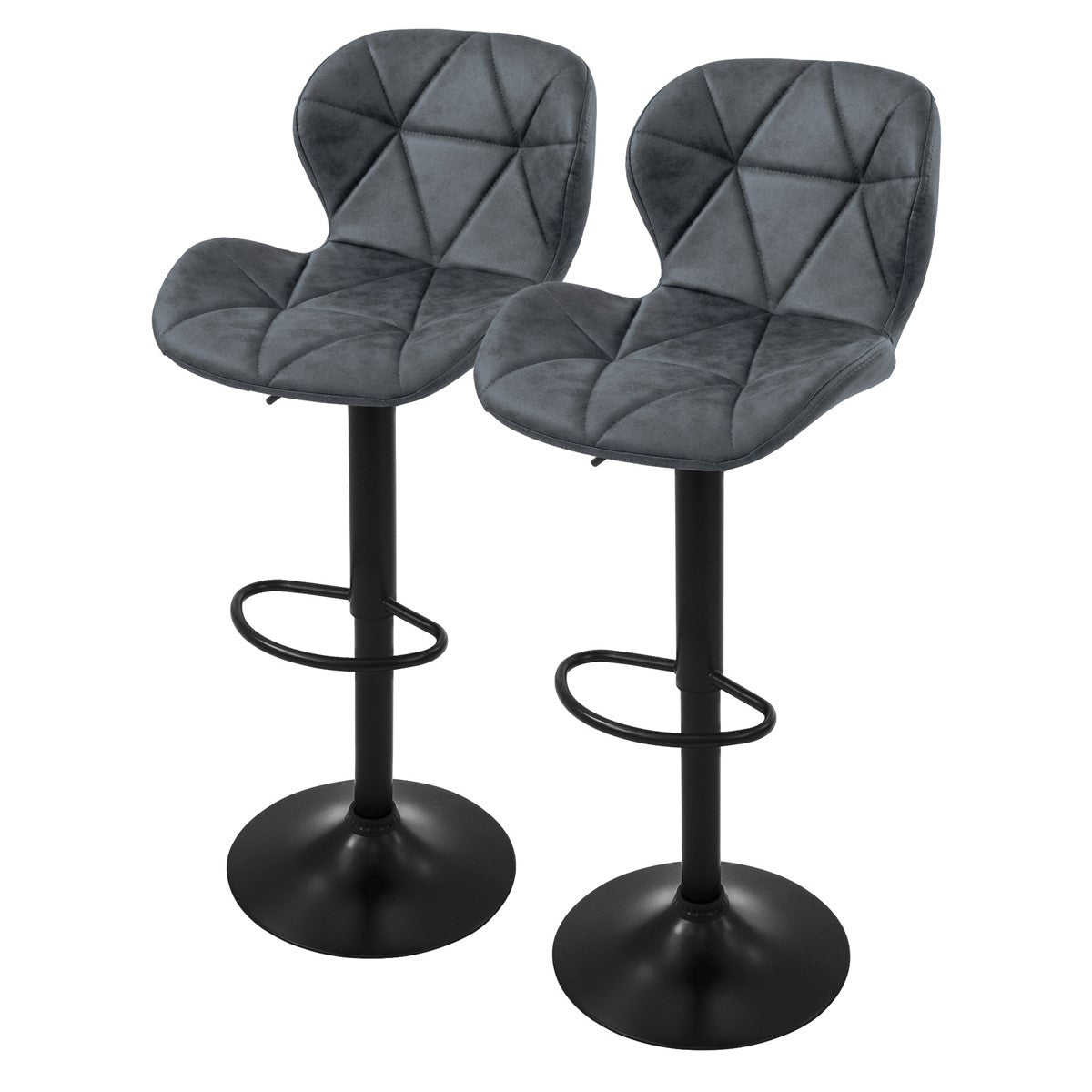 Zwei graue Barhocker mit gepolsterten Sitzen und runden Fußstützen.