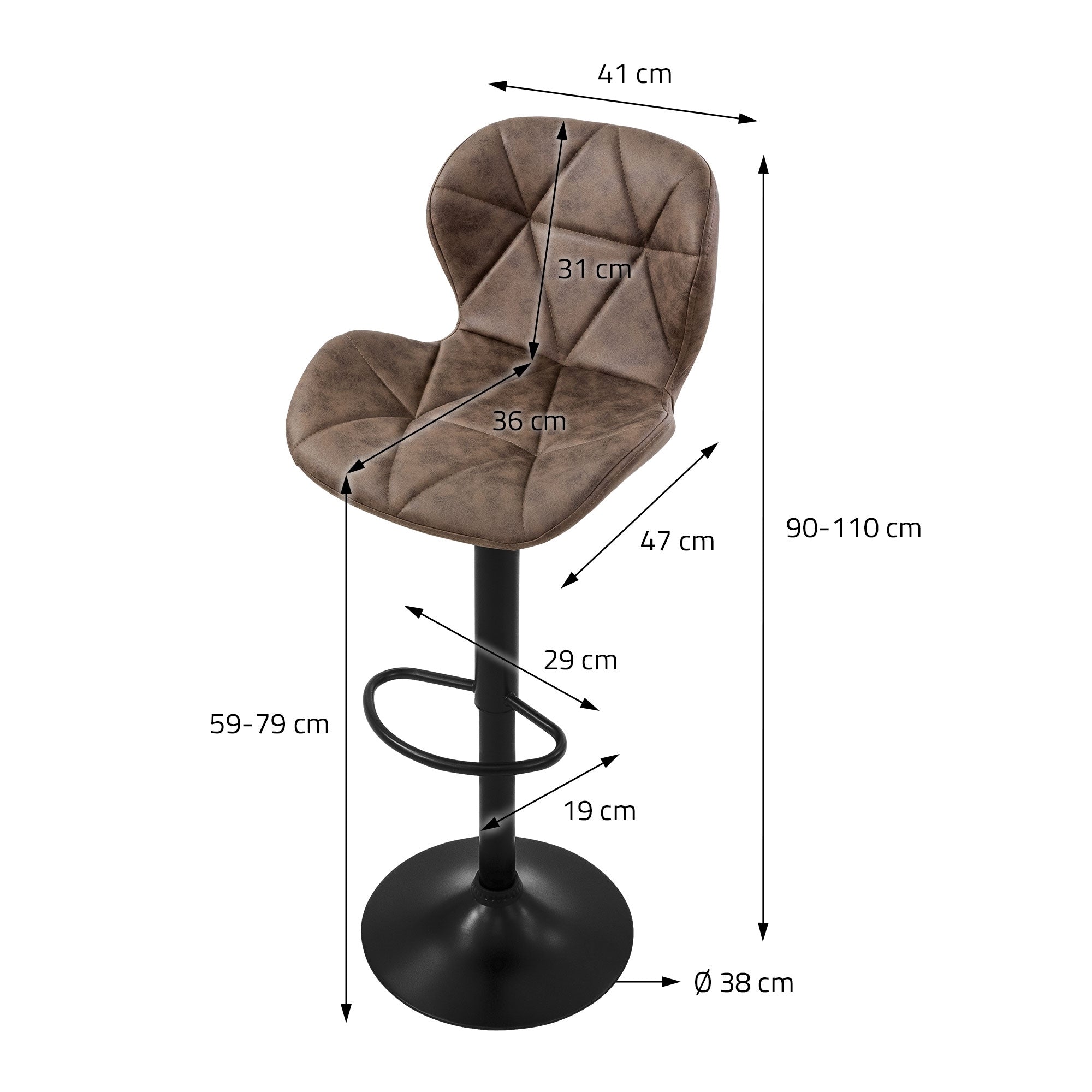 Dimension drawing of a bar stool with seat height and dimensions.
