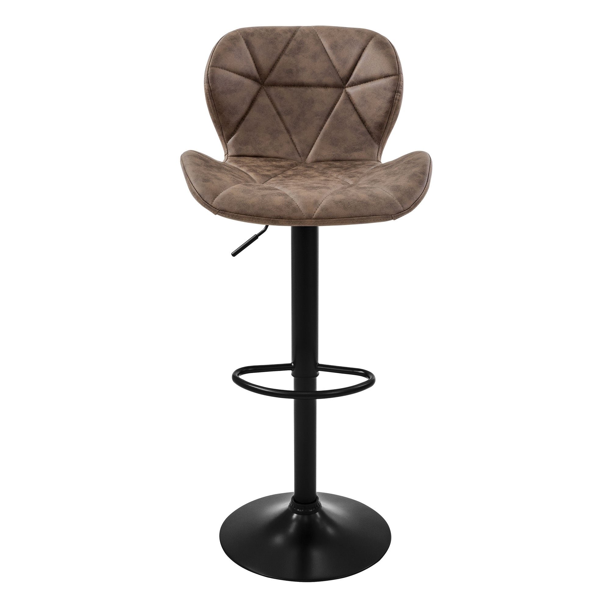 Brauner Barhocker mit gepolsterter Sitzfläche und schwarzem Gestell.