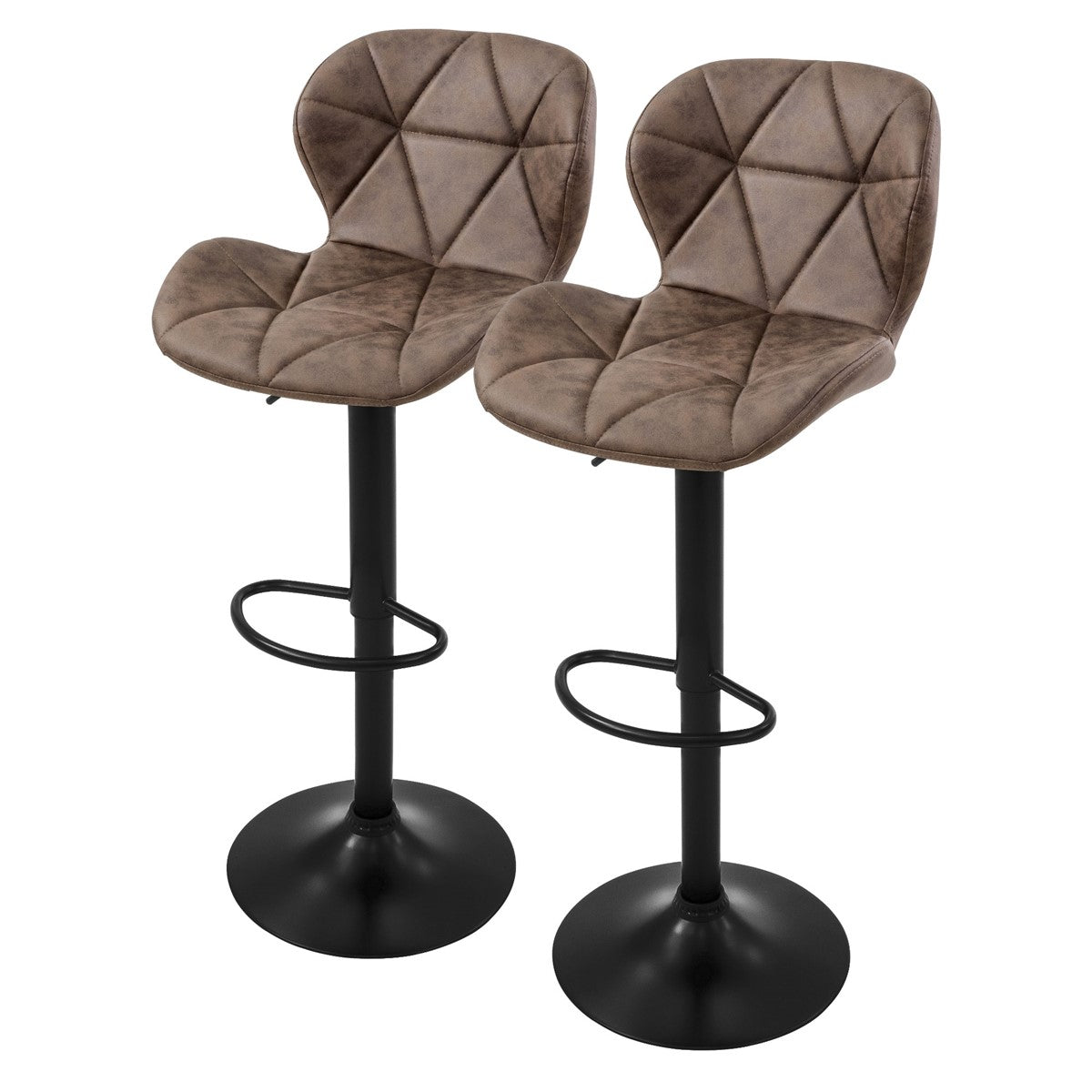 Two brown bar stools with upholstered seats, side view.