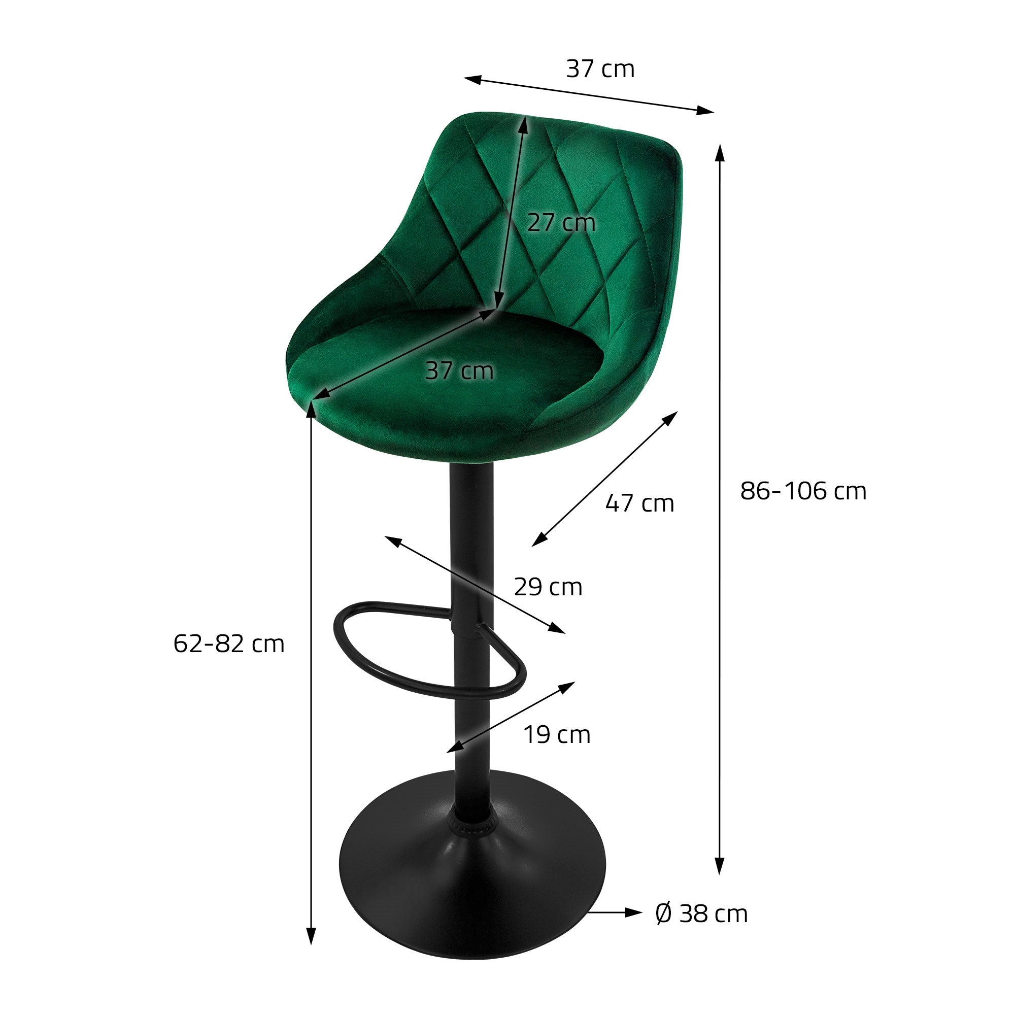 Grüner Barhocker mit Maßen: Höhe 86-106 cm, Sitzhöhe 62-82 cm, Durchmesser 38 cm.