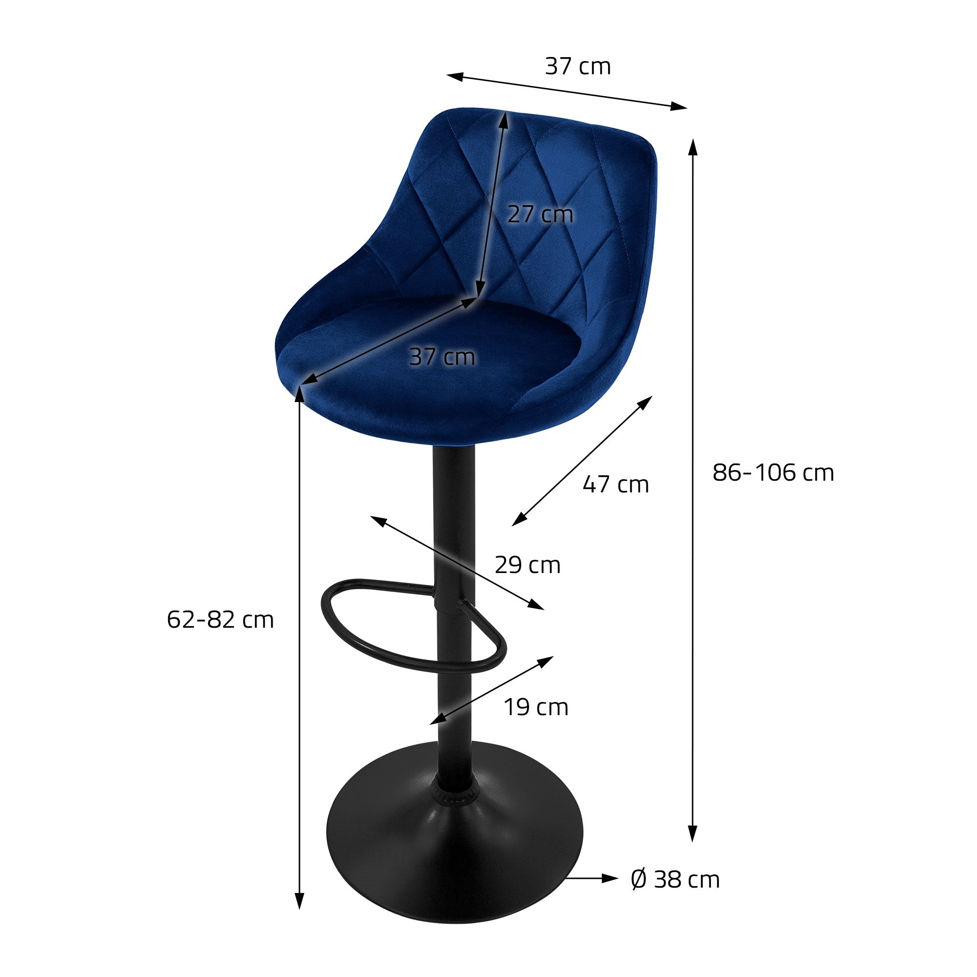 Diagramm eines blauen Stuhls mit Maßen in Zentimetern.