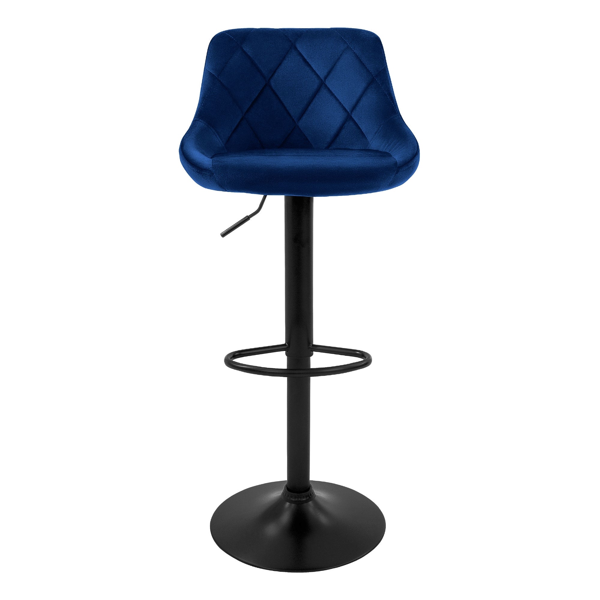 Ein einzelner blauer Barhocker mit gepolstertem Sitz und schwarzem Gestell.
