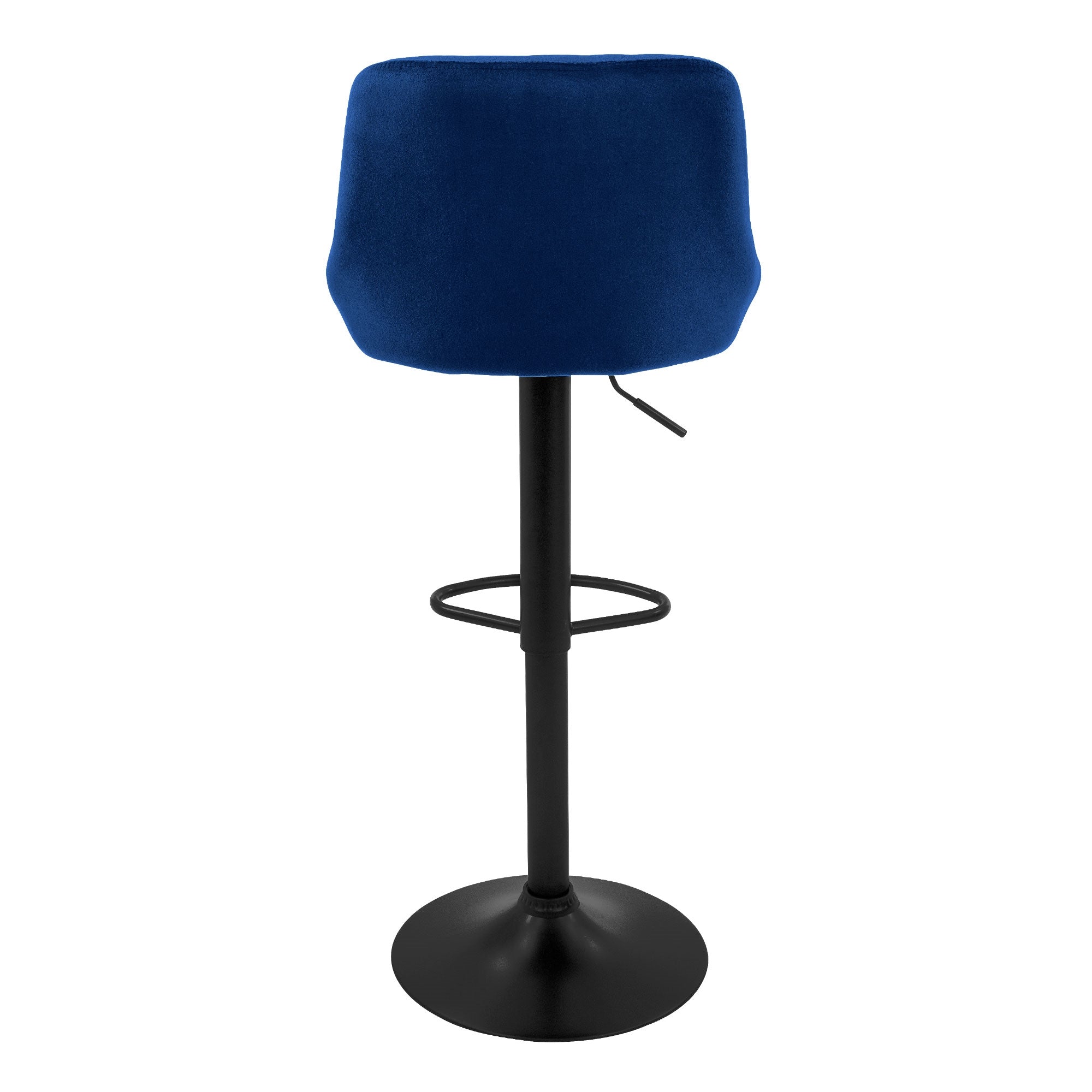 Hochstuhl mit blauer Polsterung und schwarzem Gestell von hinten.