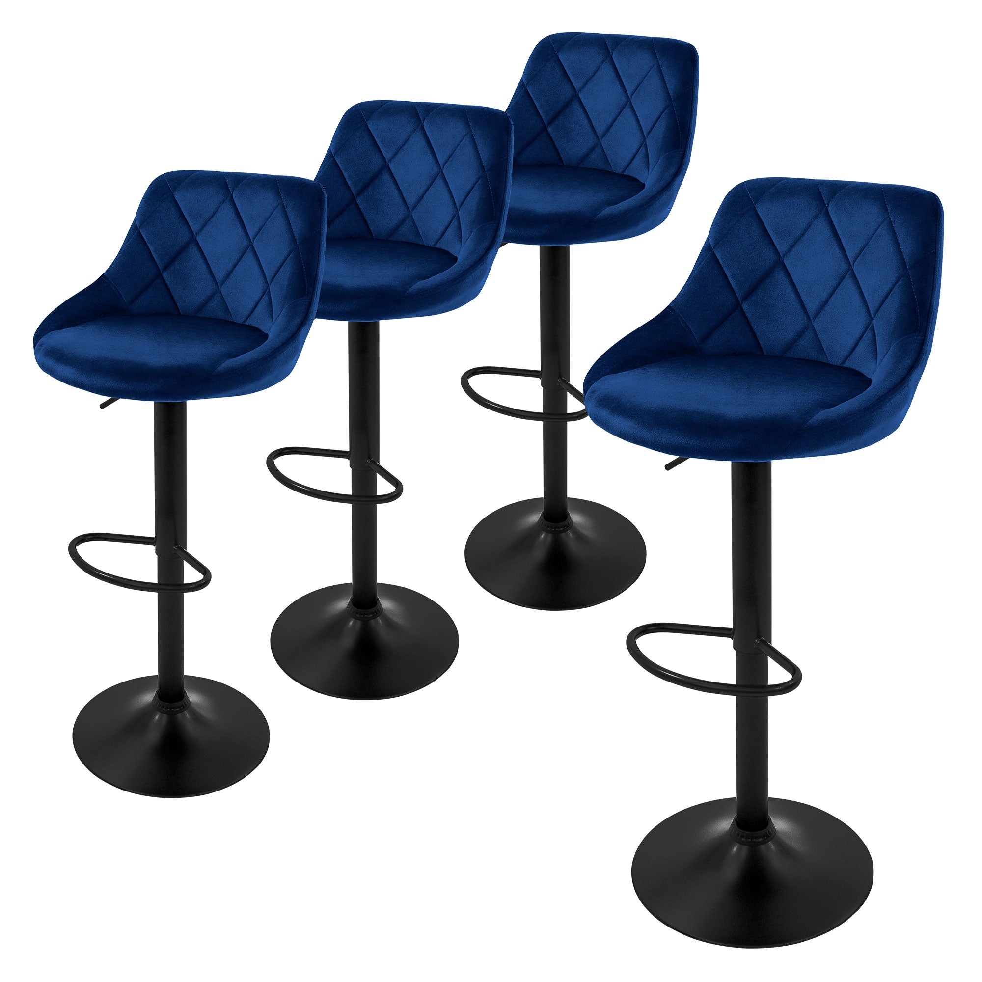 Vier blaue Barhocker mit einem gesteppten Design auf schwarzem Fuß.