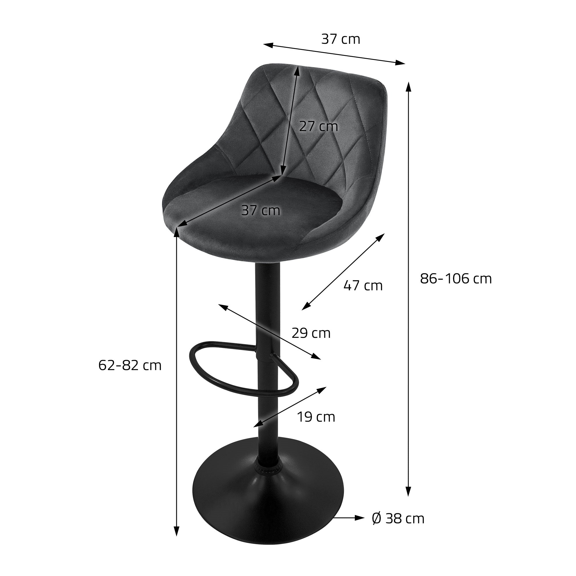 Diagram af en stol med mål i centimeter.