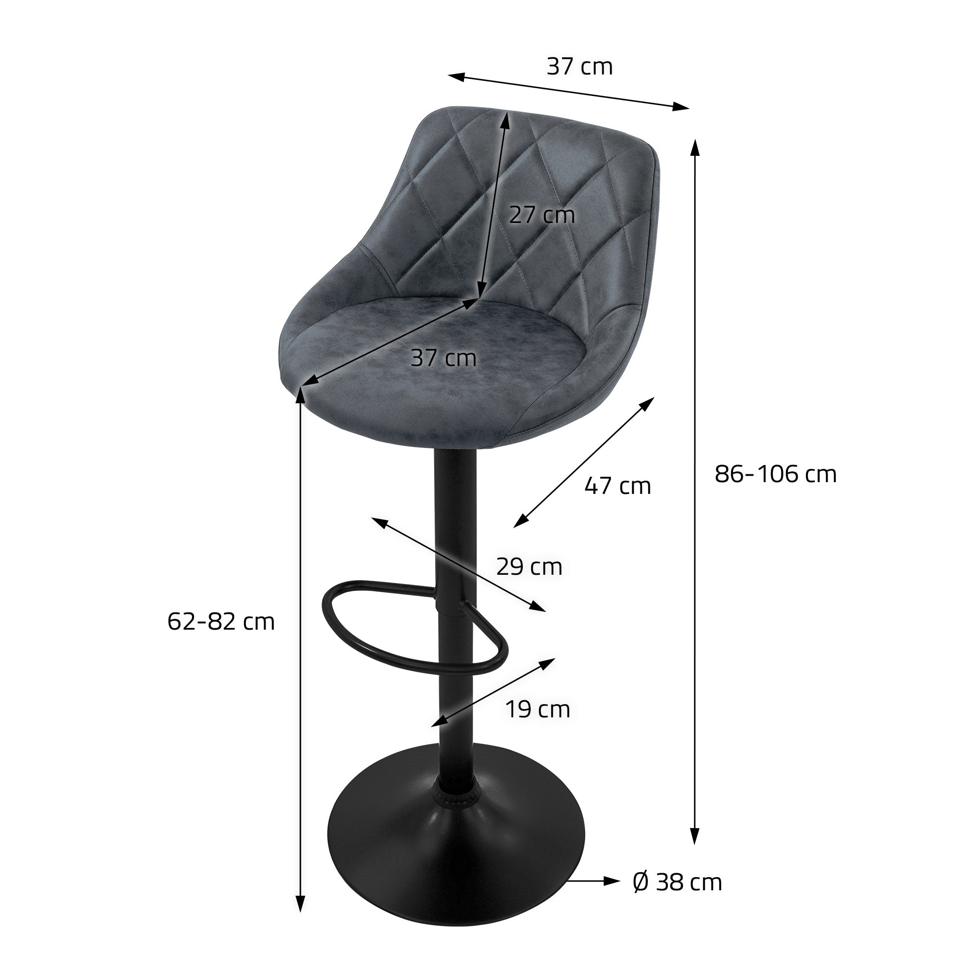 Jakkara mittoineen: korkeus 86-106 cm, istuimen leveys 37 cm, jalkatuki 29 cm.