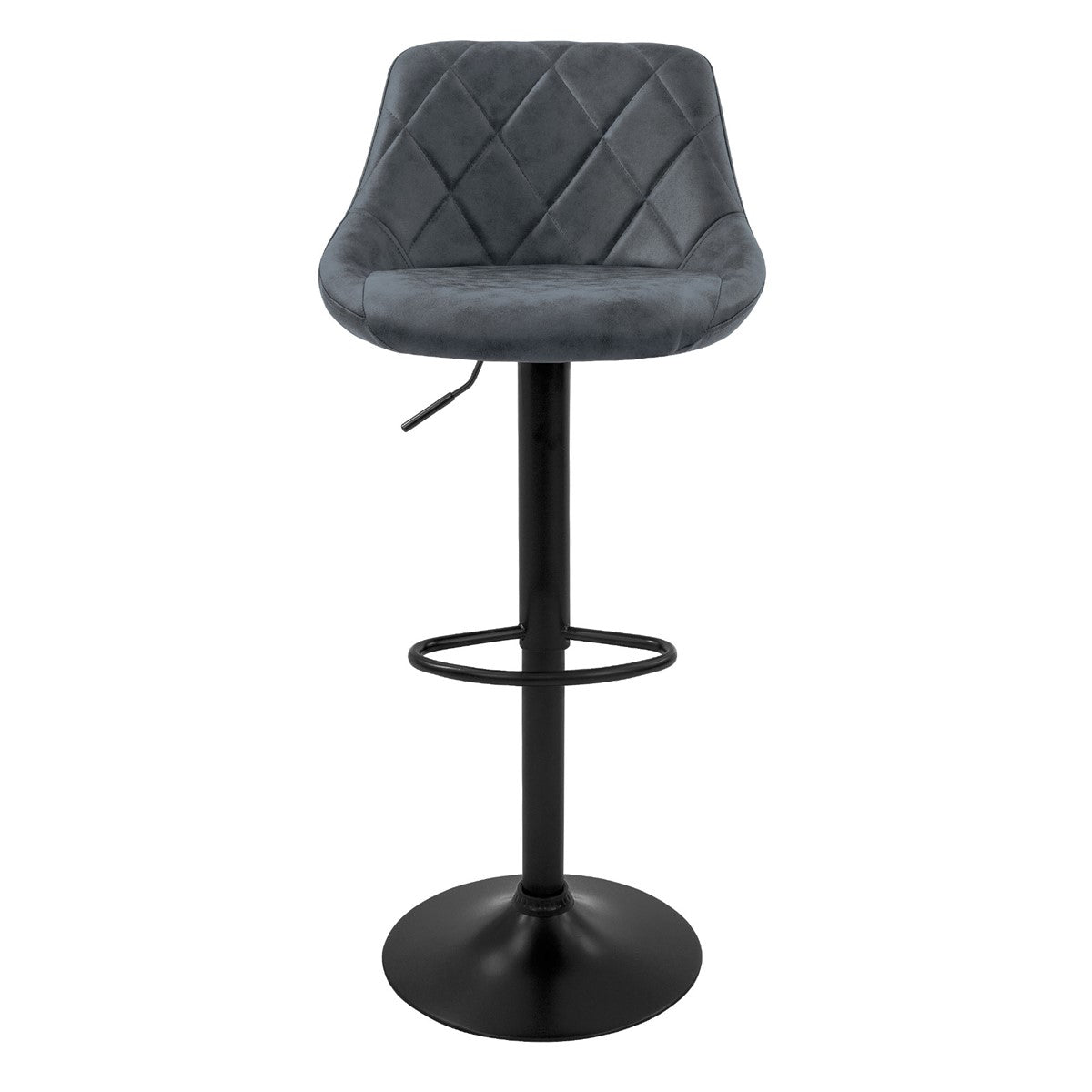 Un solo taburete de bar con asiento tapizado gris y estructura metálica negra.